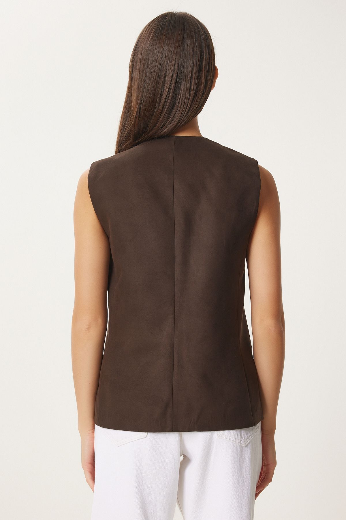 Woman Dark Brown V -neck Nubuk Vest FN03387