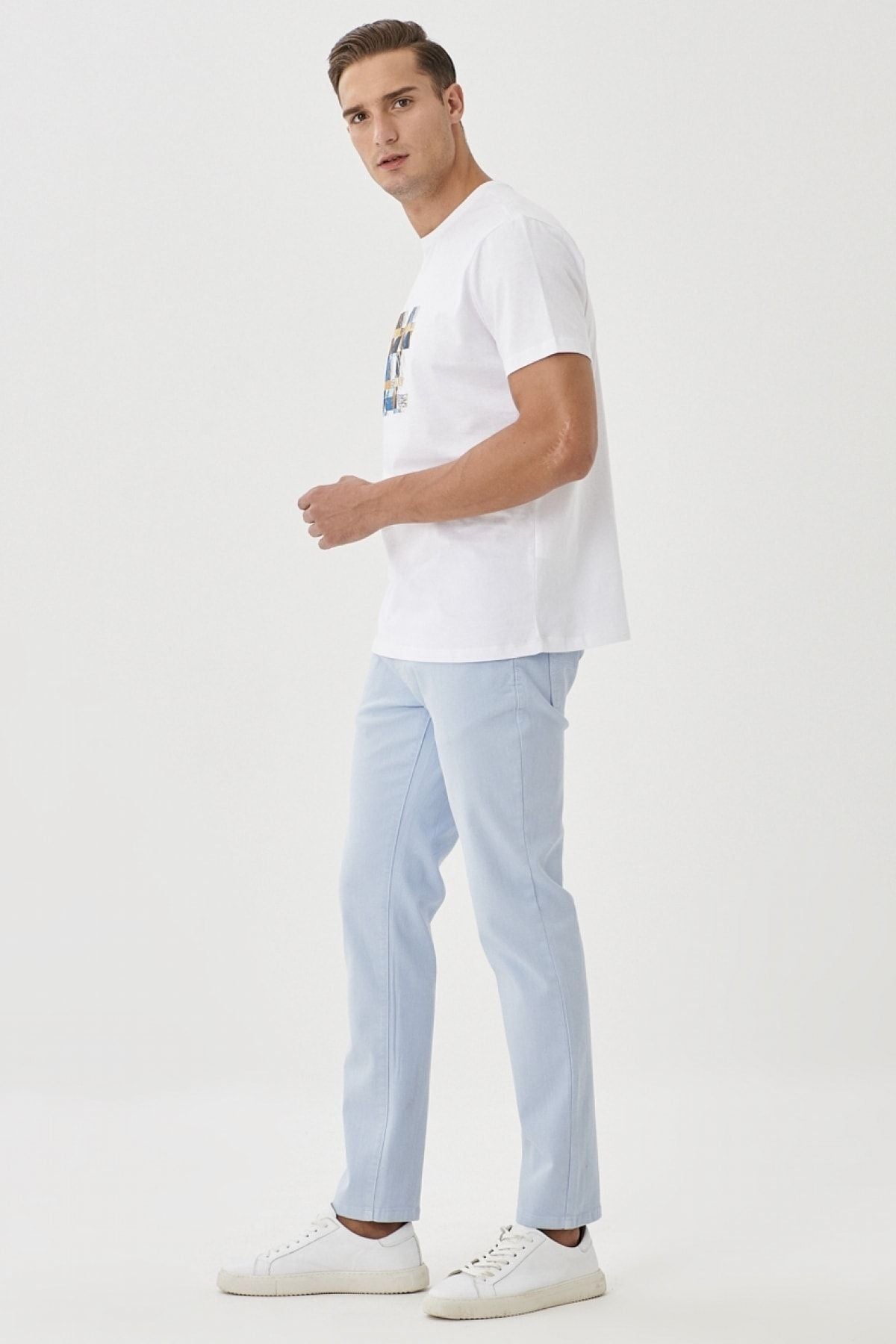 Men's blue 360 degrees stretching in all directions slim fit narrow cut cotton flexible pants