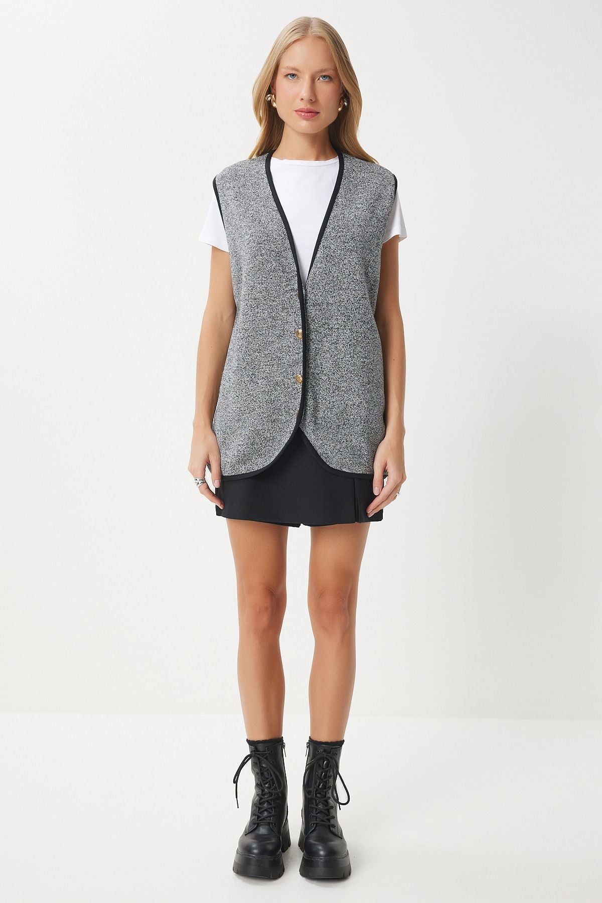 Woman Dark Gray button knitwear vest US00928