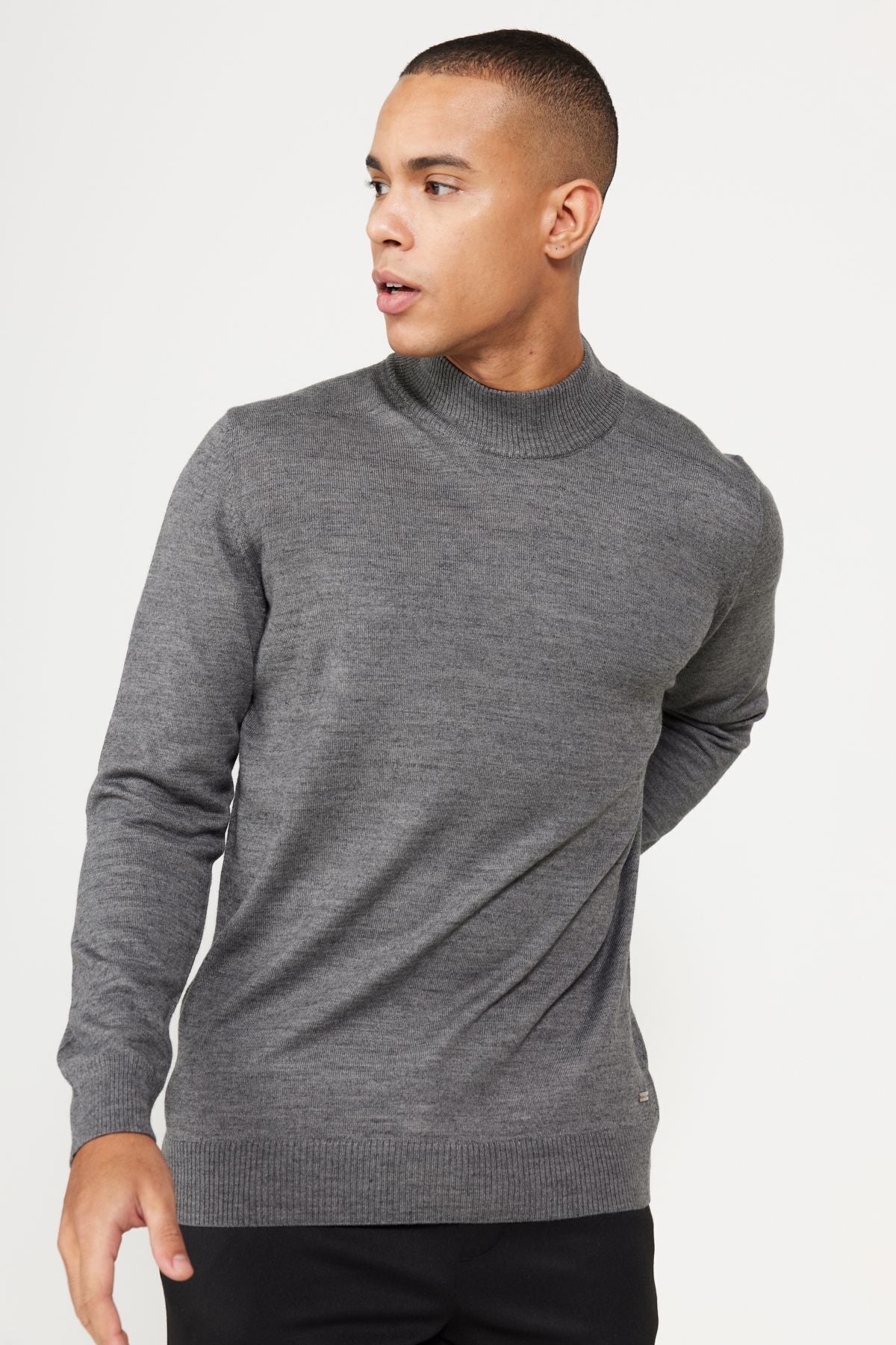 Standard Fit Normal Cut Full Fisherman Yaka Anthracite-Melanj knitwear sweater