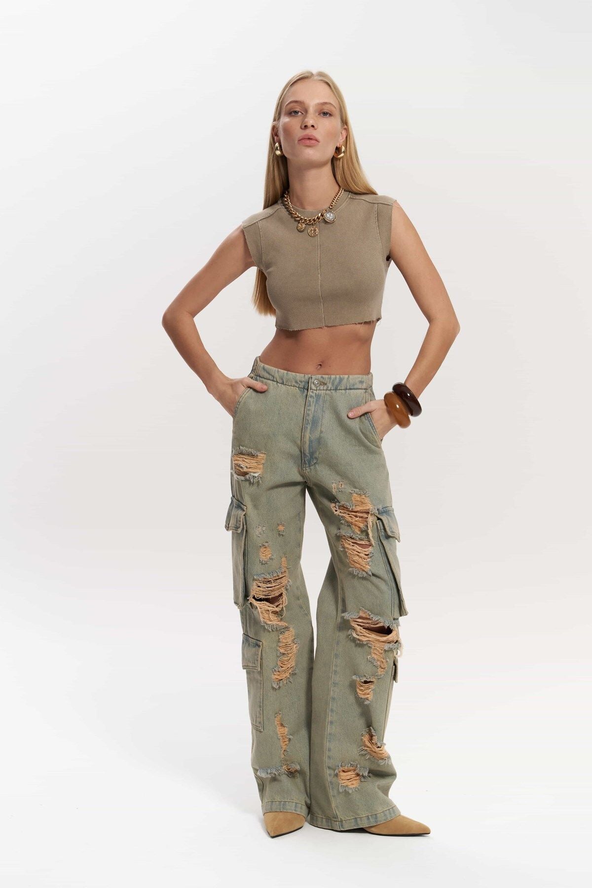 Dries Dirty Gray Torn Detail Cargo Jean Pants