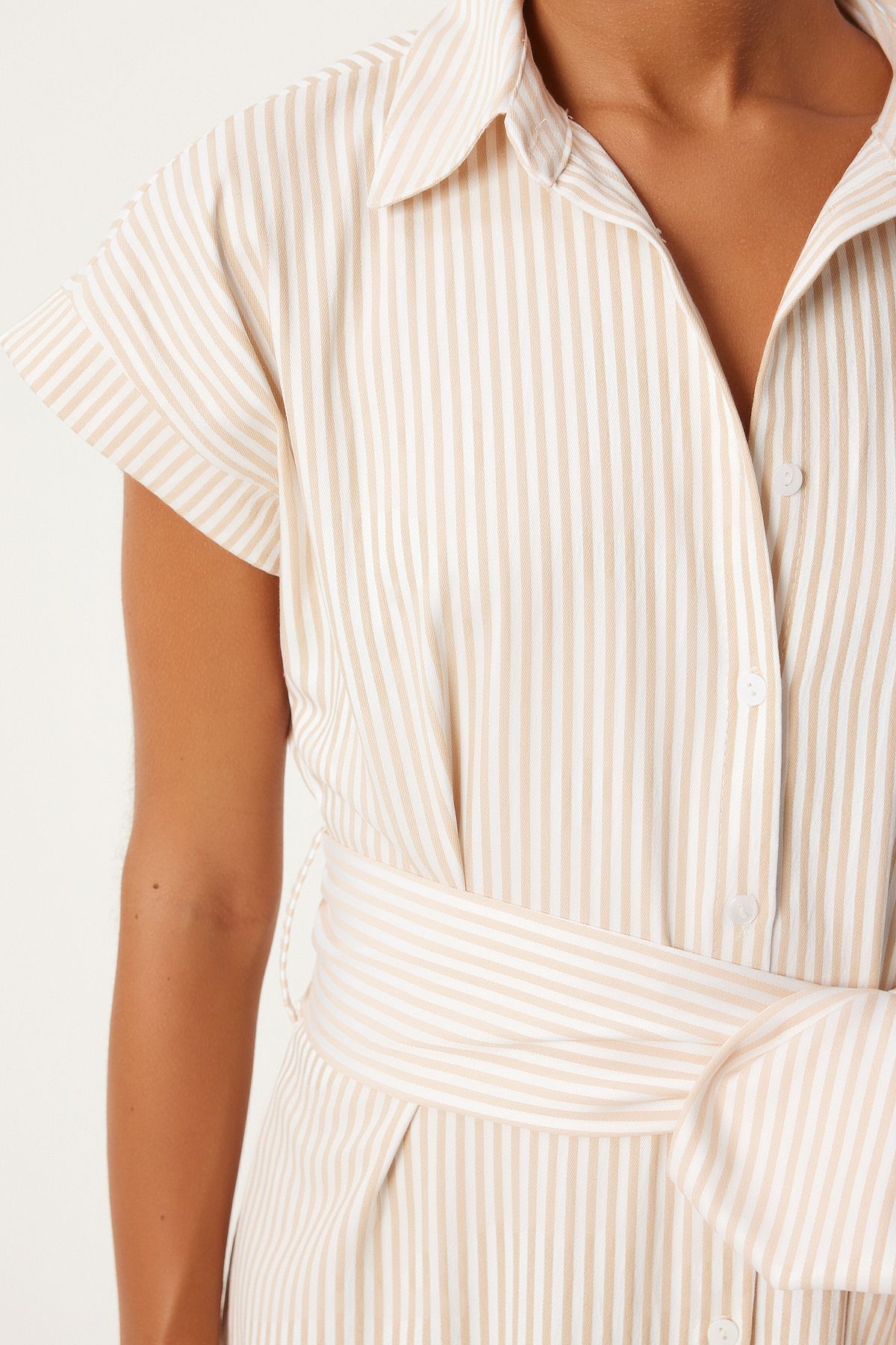 Female Beige White Belt Striped Shirt Dress FN03252