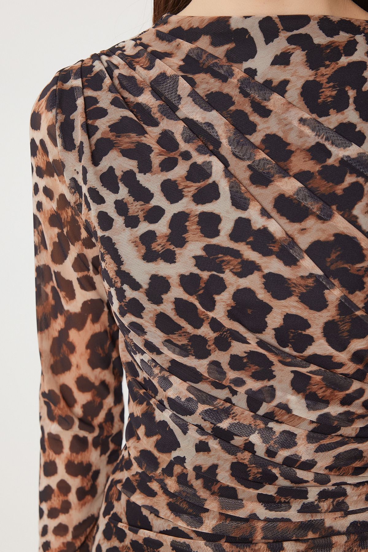 Female Brown Beige Leopard Patterned Patterned Shirred Tulle Dress DK00172