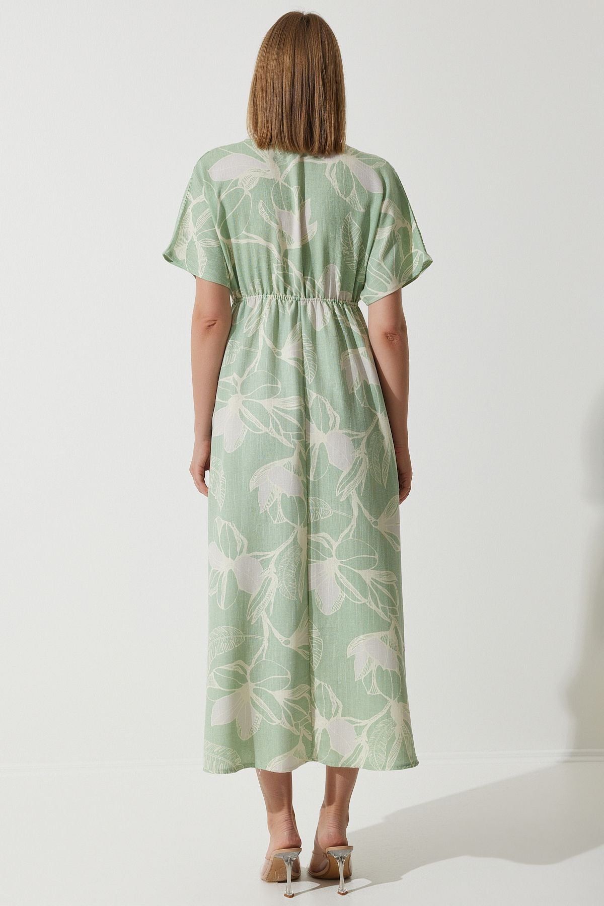Women's Cagla Green Tropic Patterned Summer Raw Linen Dress BP00156