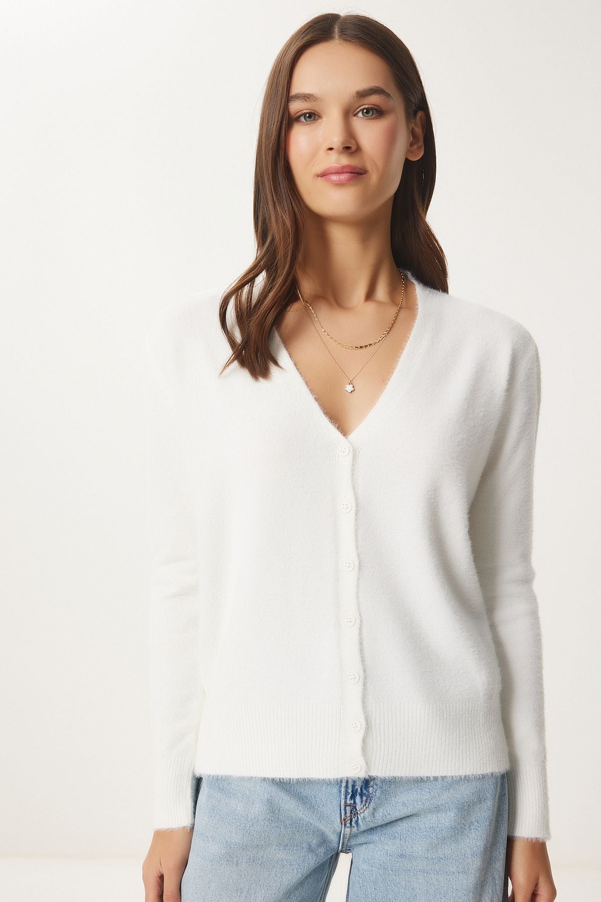 WOMEN ECRU V -Yaka Bearded Seasonal Triko Cardigan FN03446