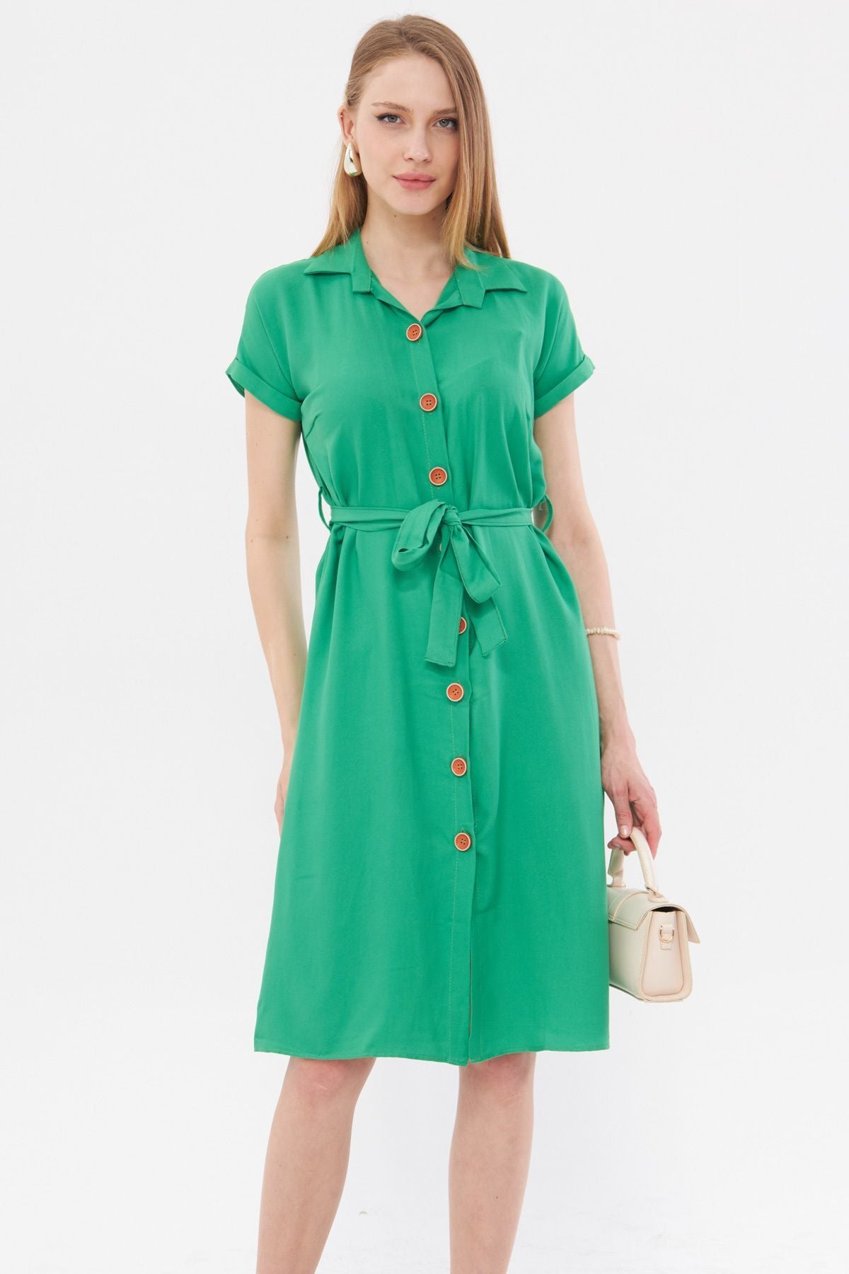 Woman Light Green Waist Belt Short Sleeve Shirt Dress ARM-19Y001068