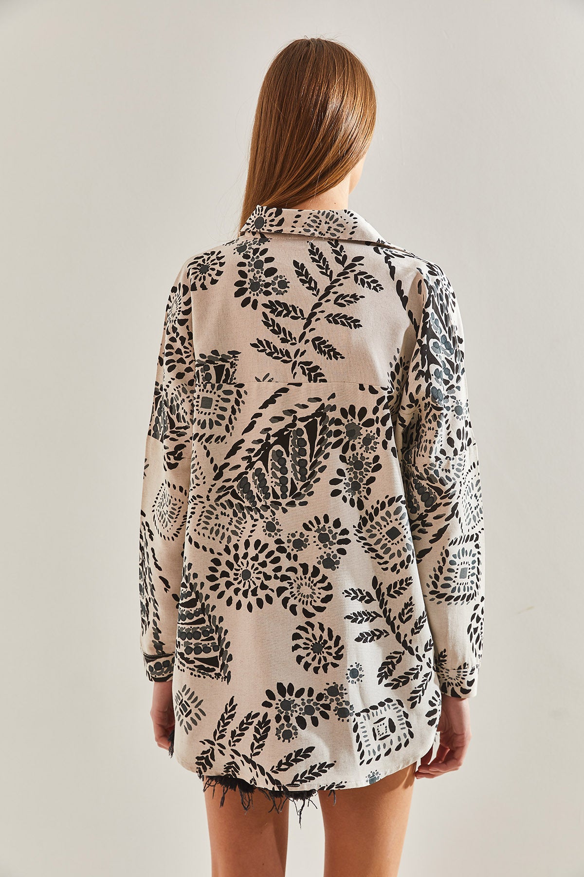 Women's Big Leaf Patterned Casual Linen Shirt 60101021