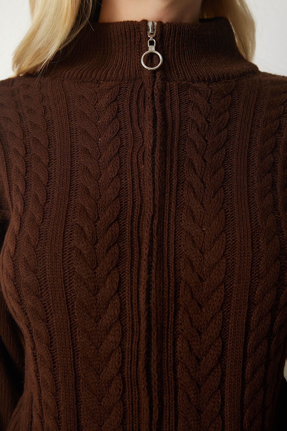 Women's Brown Zipper knitted knitted knitwear cardigan yy00174