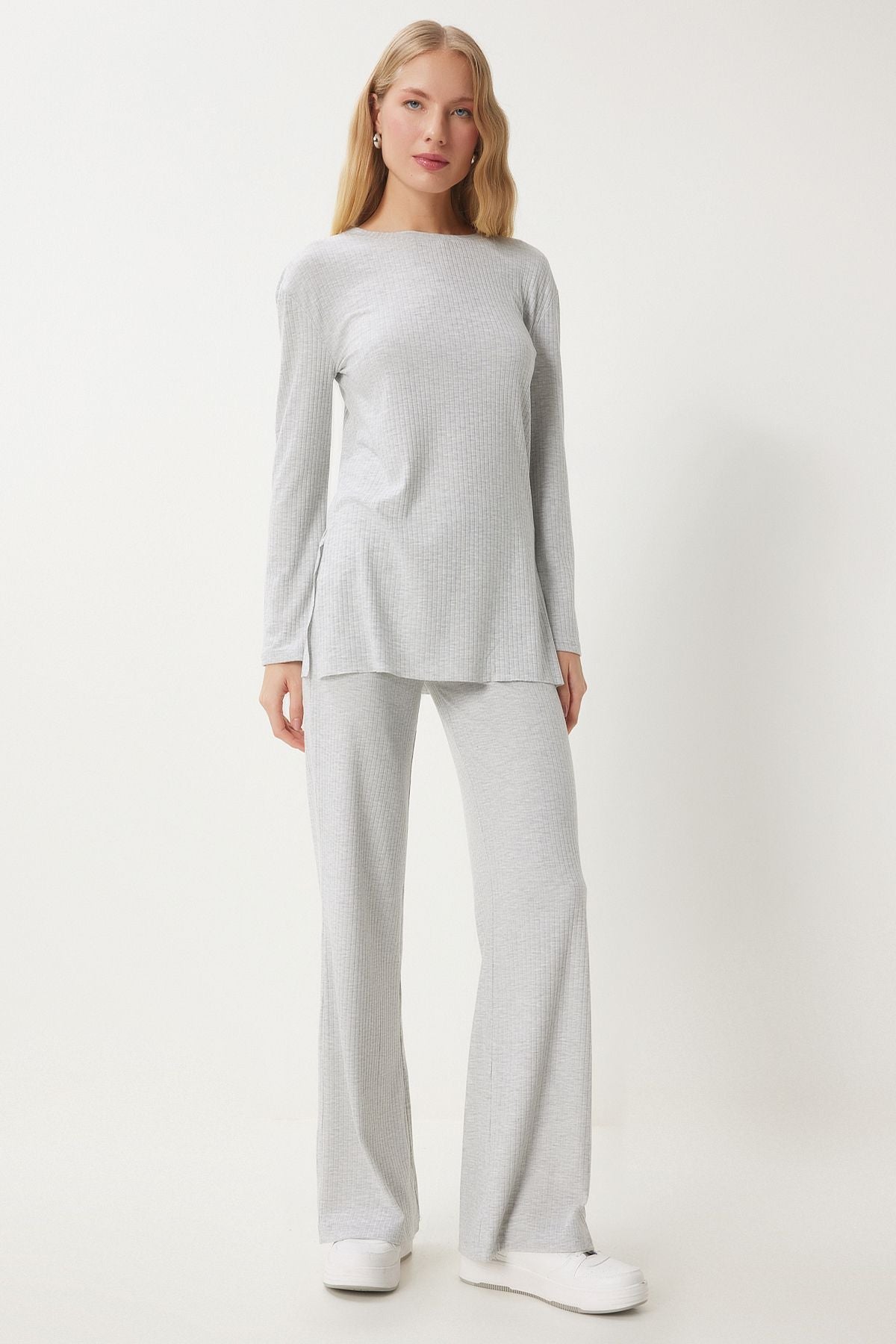 Woman Light Gray Casual Wick Knitting Blouse Pants Set OW00054