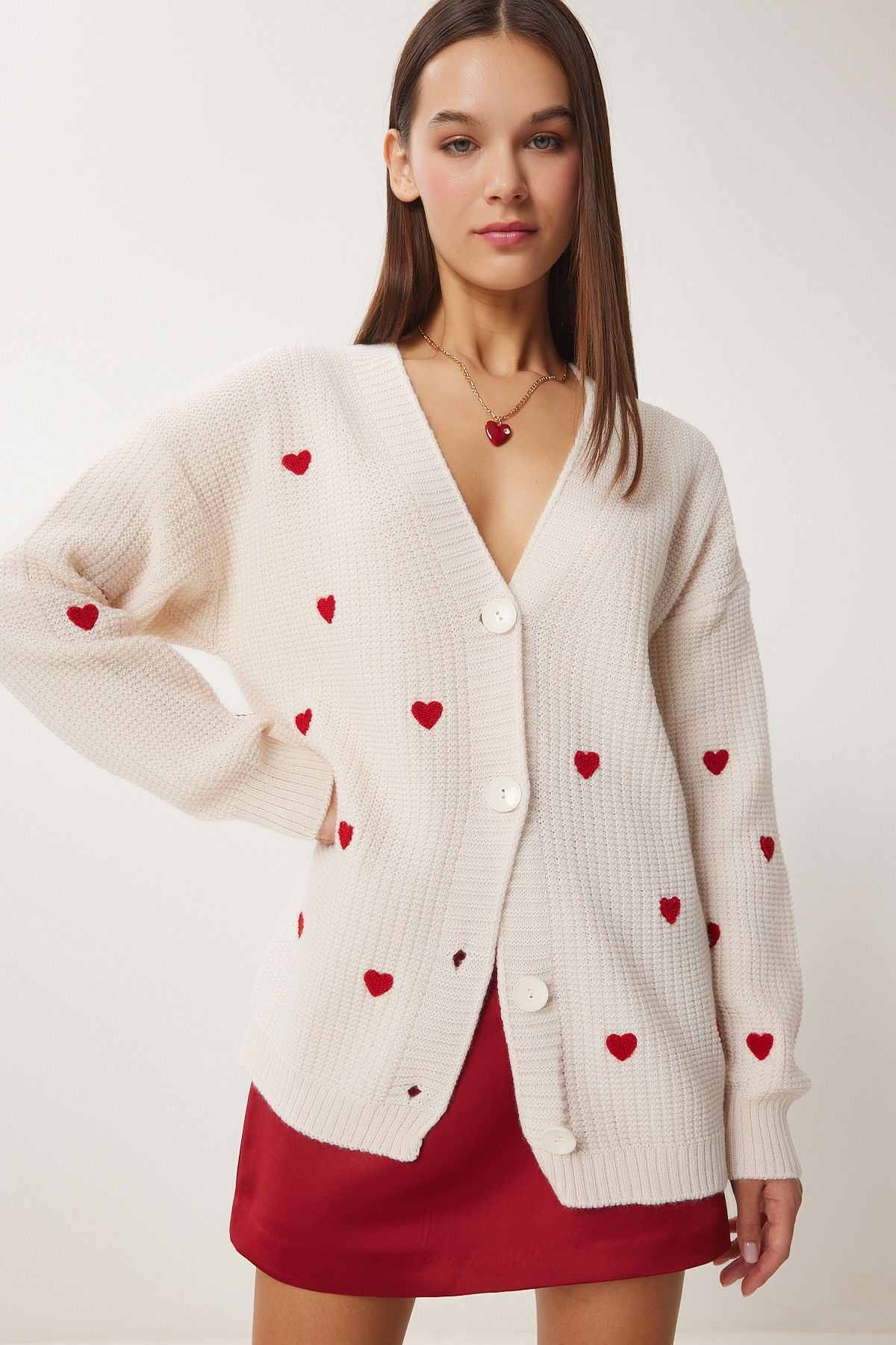 Women's Cream Heart textured long knitwear cardigan kg00012