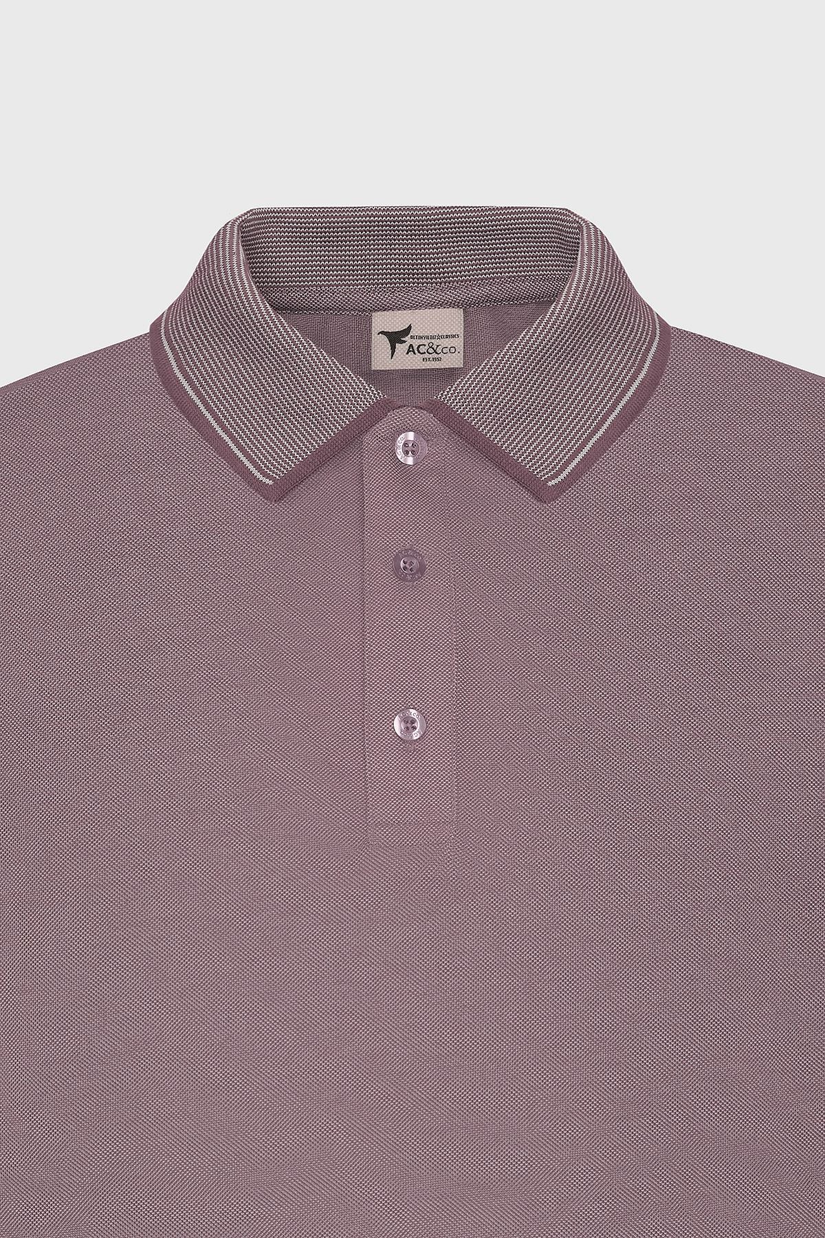 Men-Plugging Cotton Fabric Slim Fit Narrow Cut Burgundy Curled Polo Yaka T-shirt