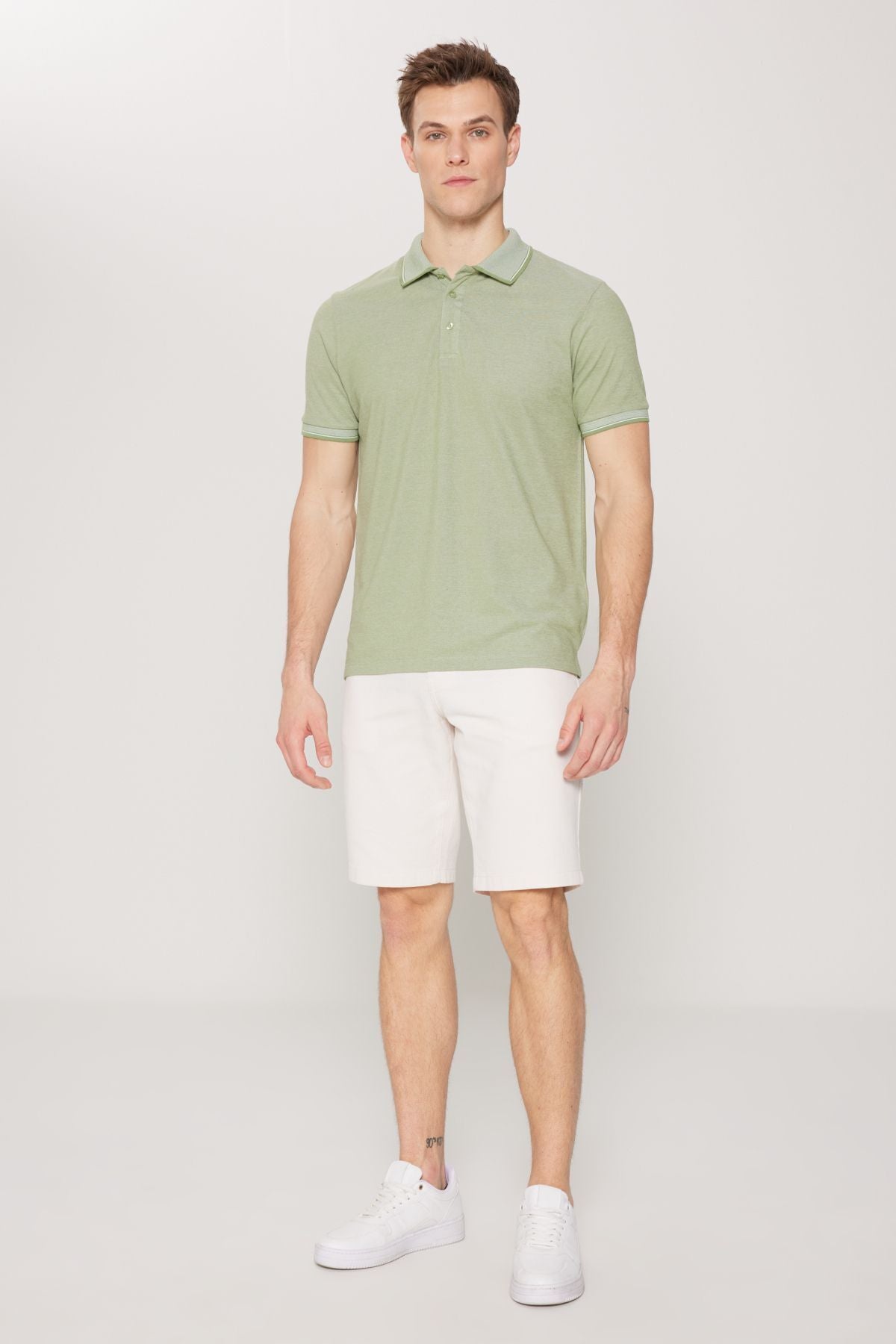 Men -Plugging Cotton Fabric Slim Fit Narrow Cut Green Curlled Polo Yaka T -shirt