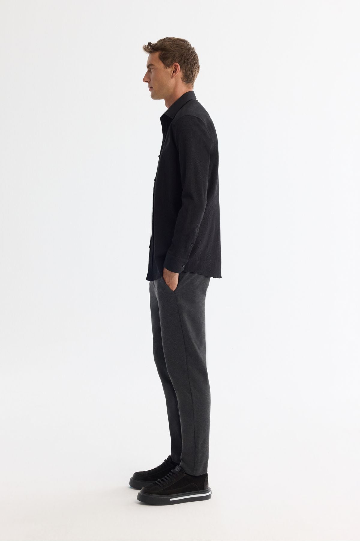 Men's black button collar easily ironable shirt A42Y2071