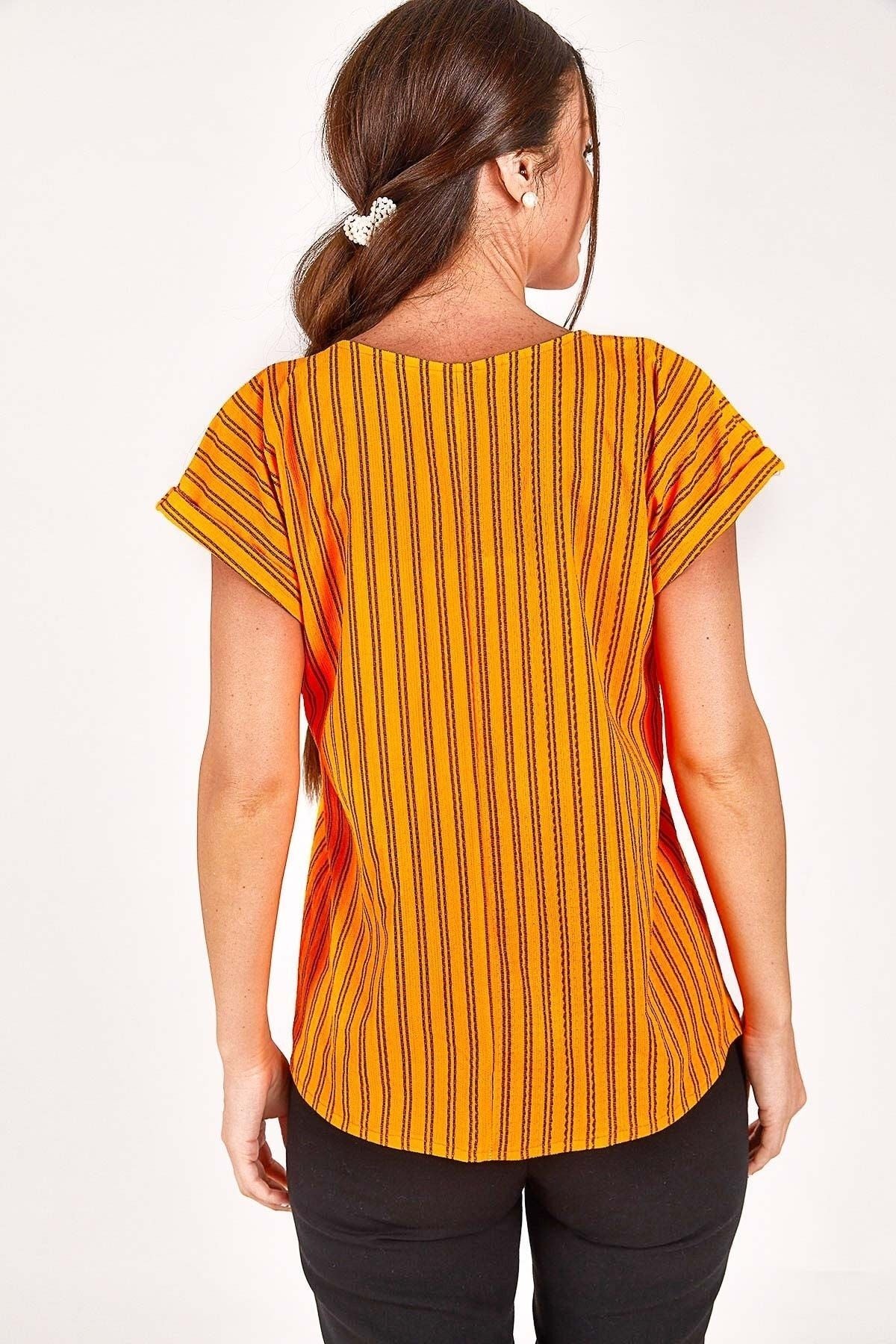Female neon orange V-neck short arm blouse ARM-221074