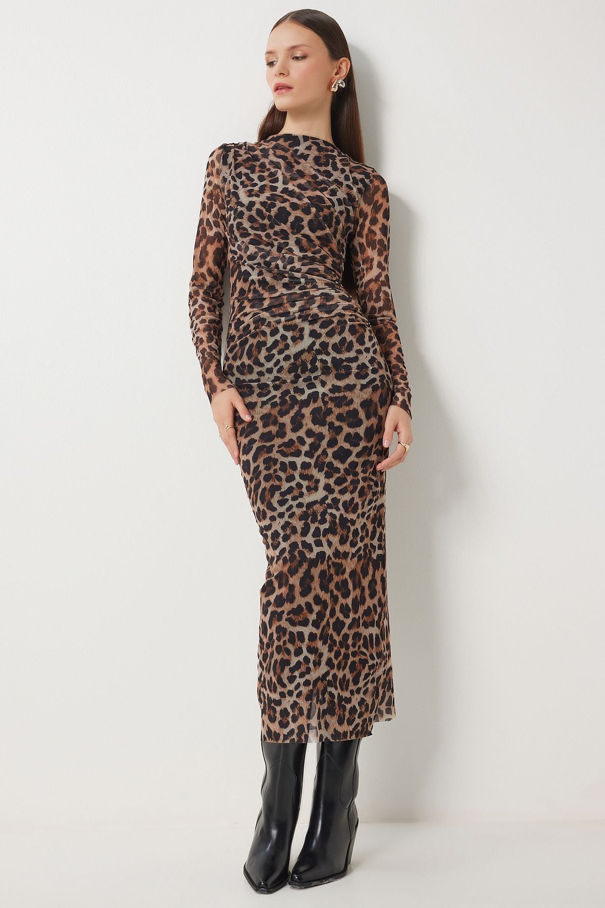 Female Brown Beige Leopard Patterned Patterned Shirred Tulle Dress DK00172