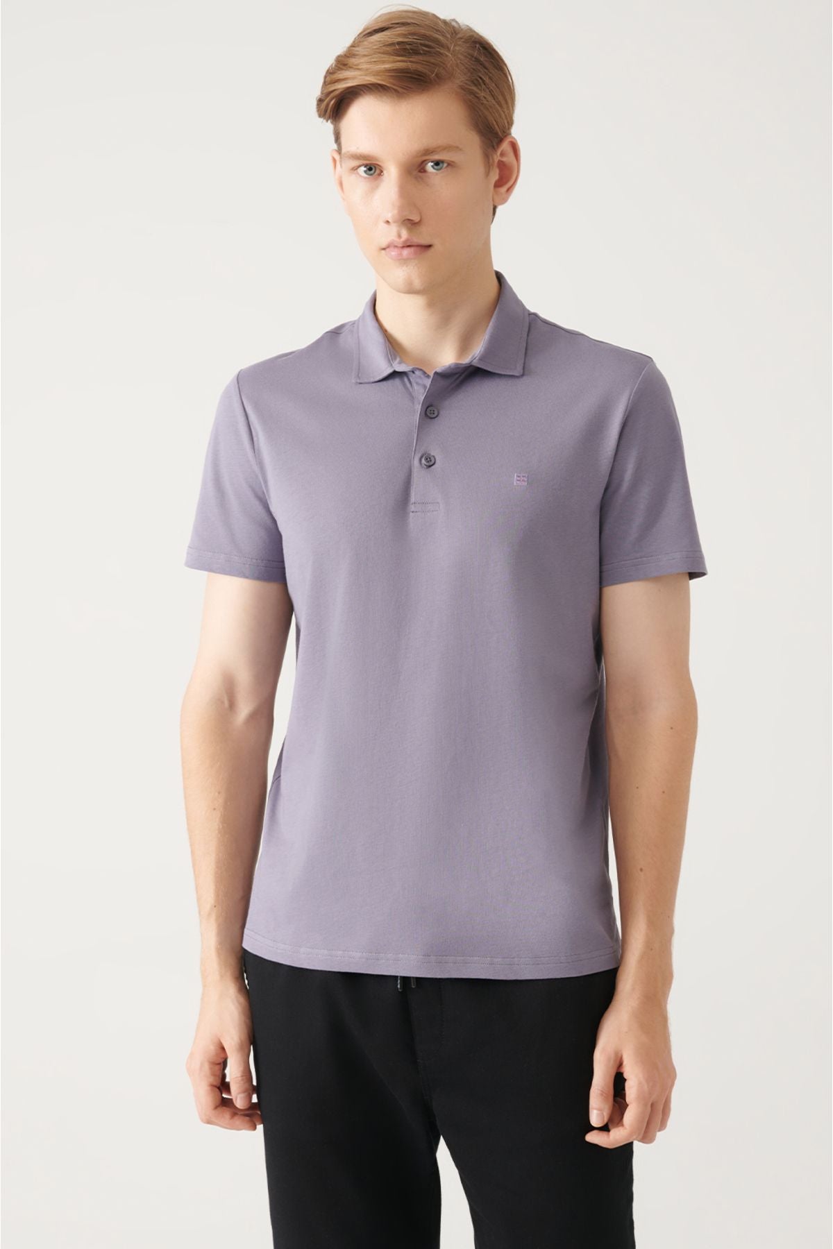 Men's lilac 100 %cotton regular fit 3 button curved Polo collar T-shirt E001035