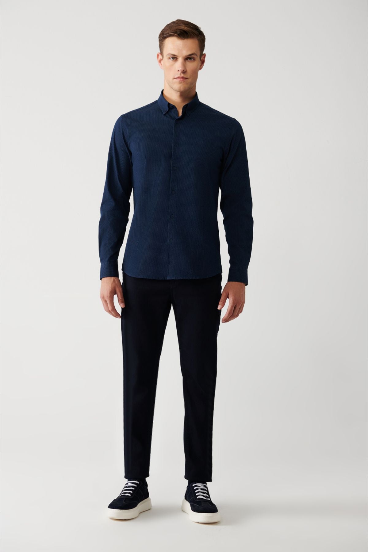 Men's navy blue striped cotton easy ironable shirt A32Y2098