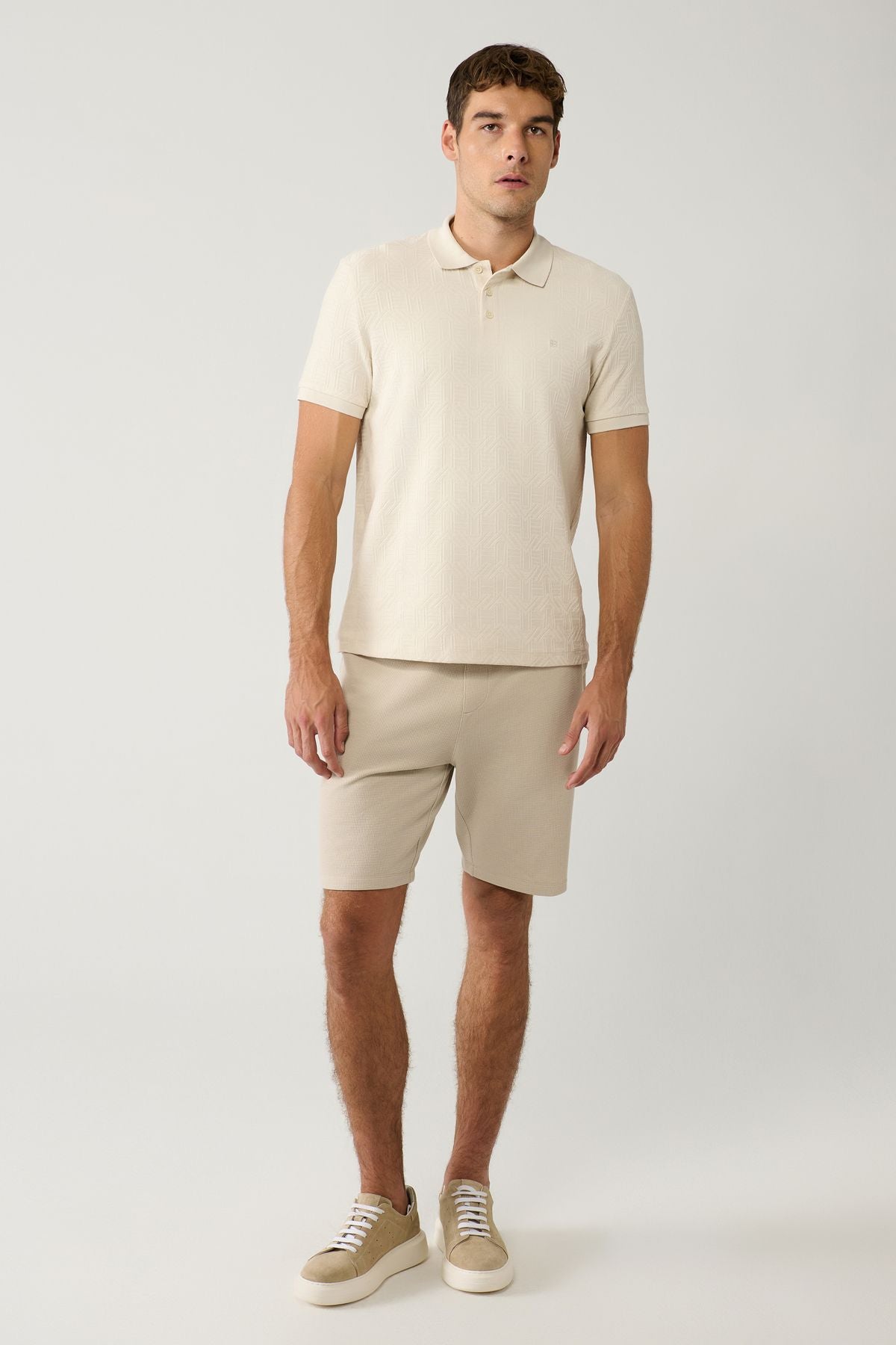 Men's Beige Polo Yaka Jacquard Cotton T-shirt A41y1040