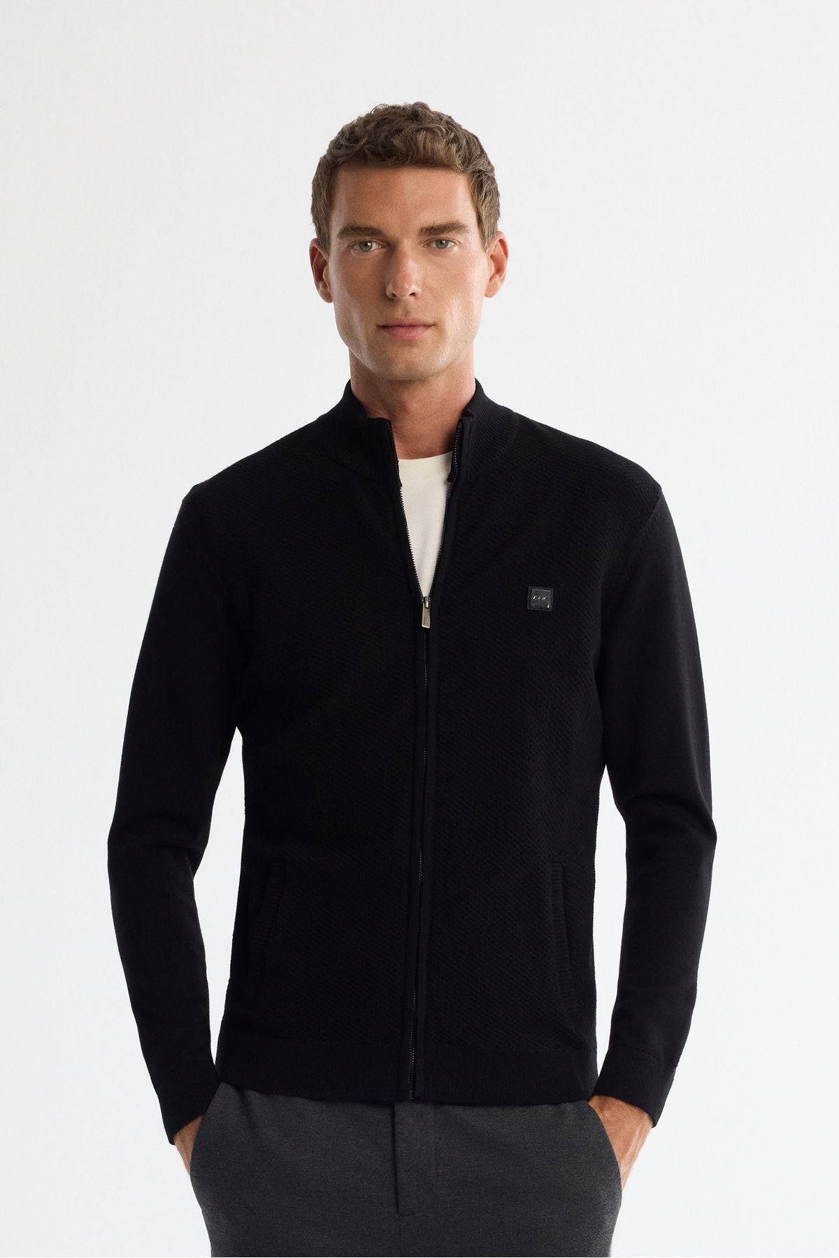 Men's black upright collar zipper front textured soft touch knitwear cardigan A42y5143