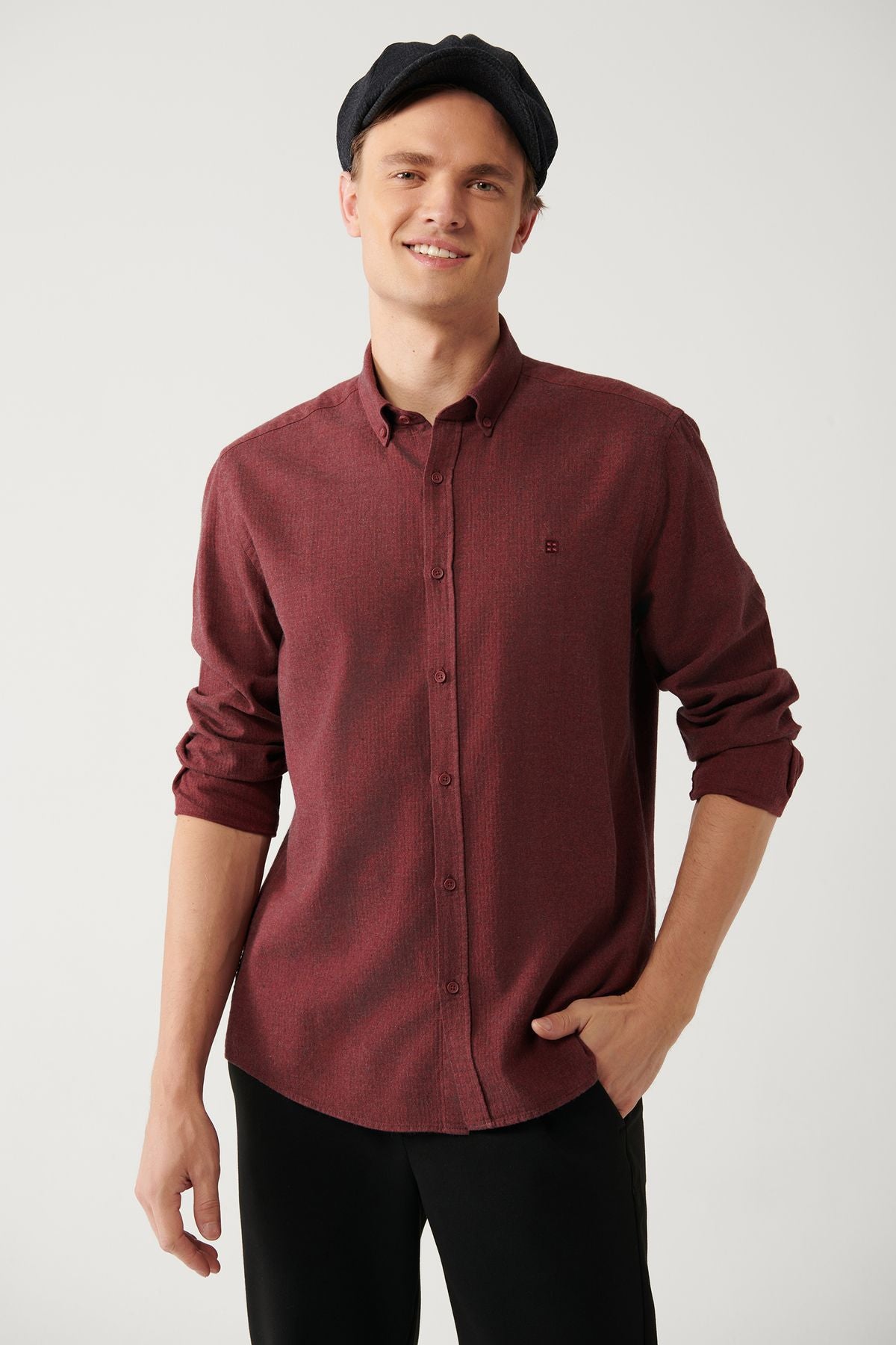 Men's burgundy button collar 100 %cotton shirt B002033