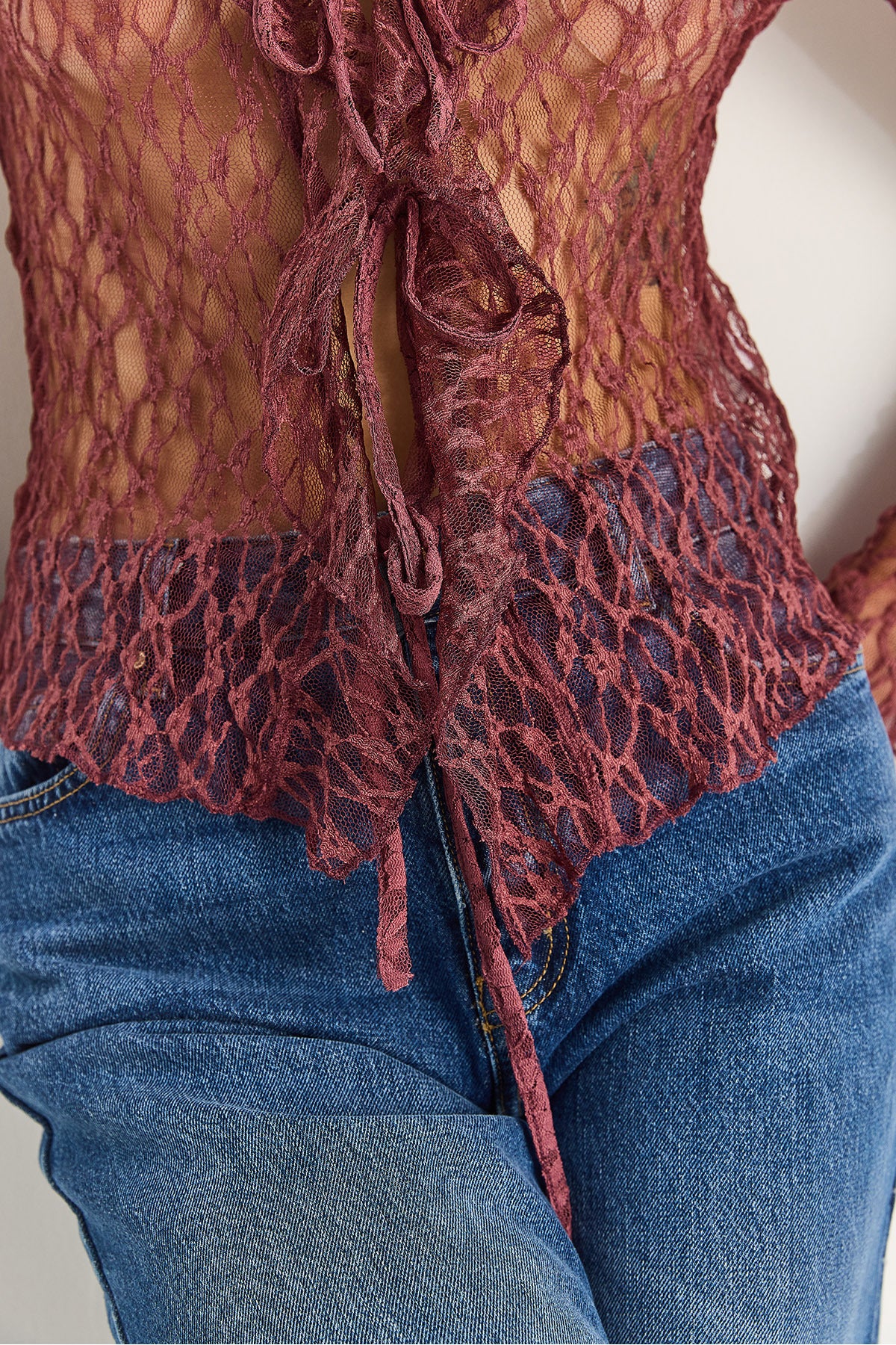 Women's V-Neck Front Tie Ruffle Detailed Lace Blouse DE251012 60283573