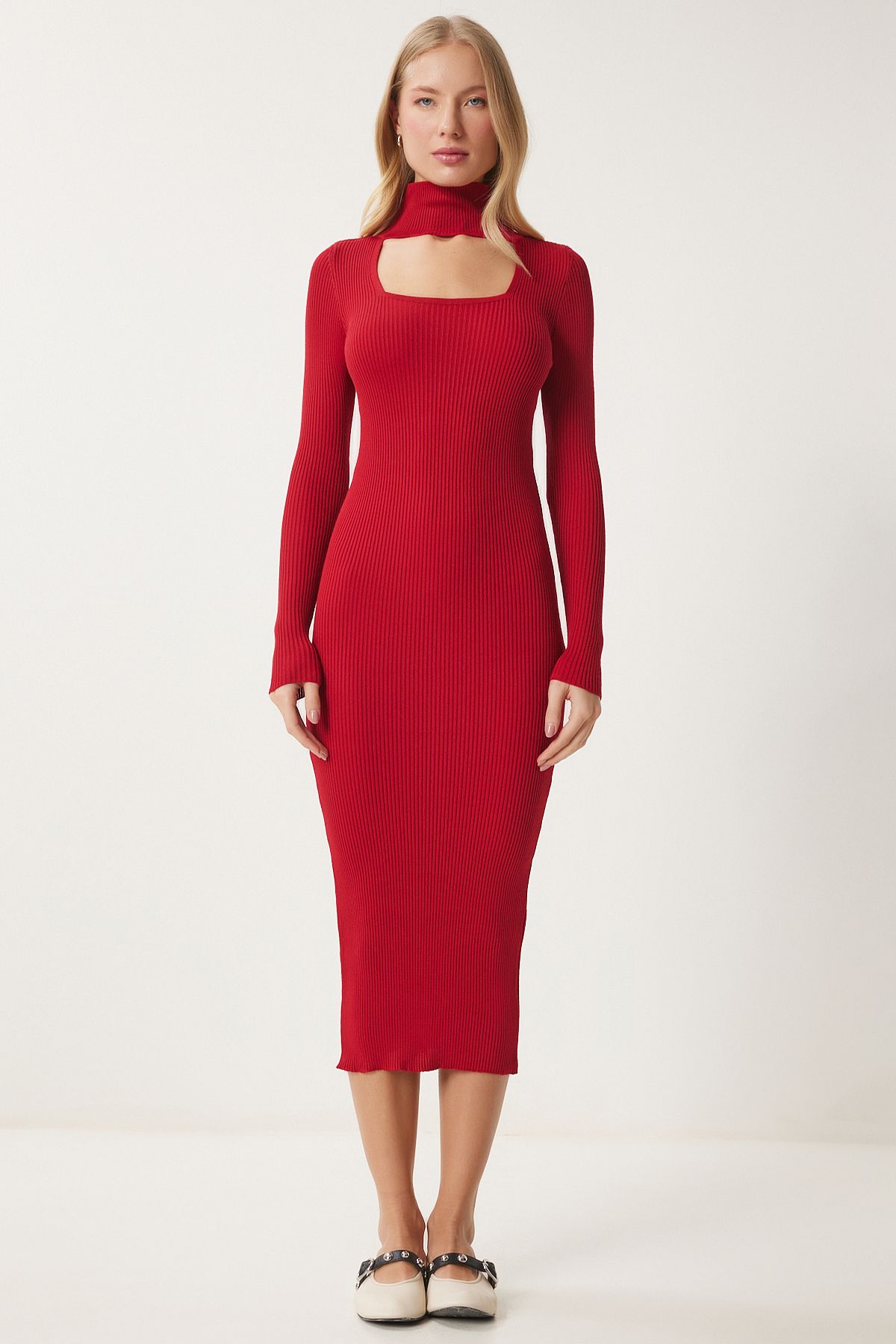Woman Red Cut Out detailed upright collar wick knitwear dress FN03388