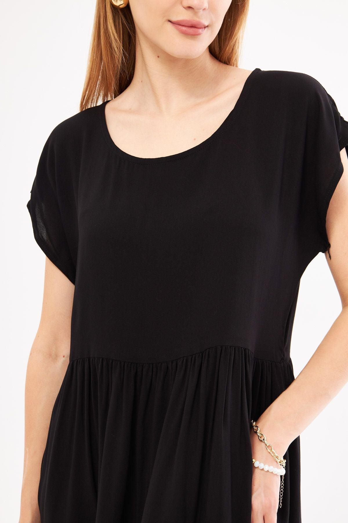 Female Black Waist Shirred Mini Dress ARM-24Y001090