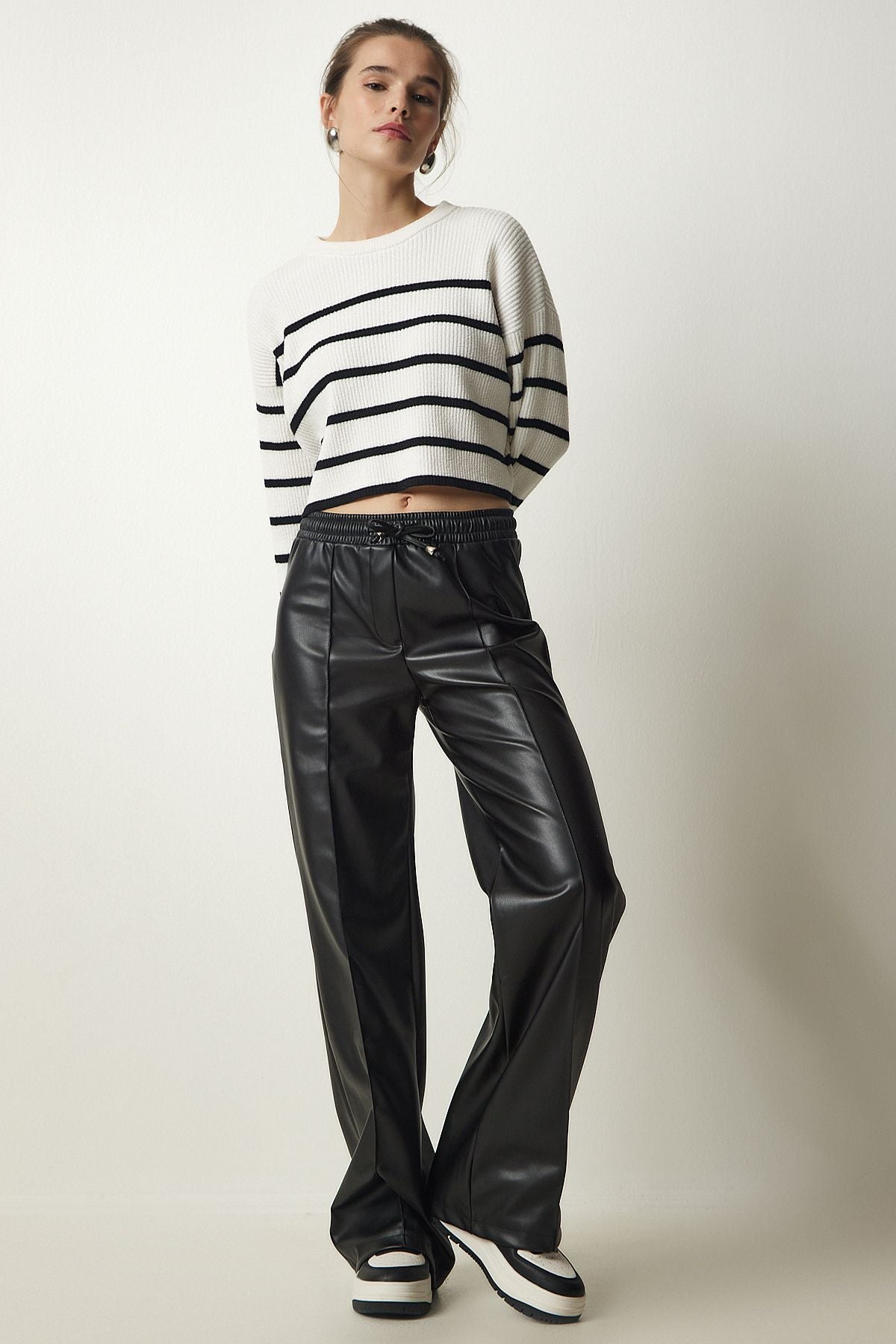 Female Black Premium Laced Artificial Leather Pants FN03156