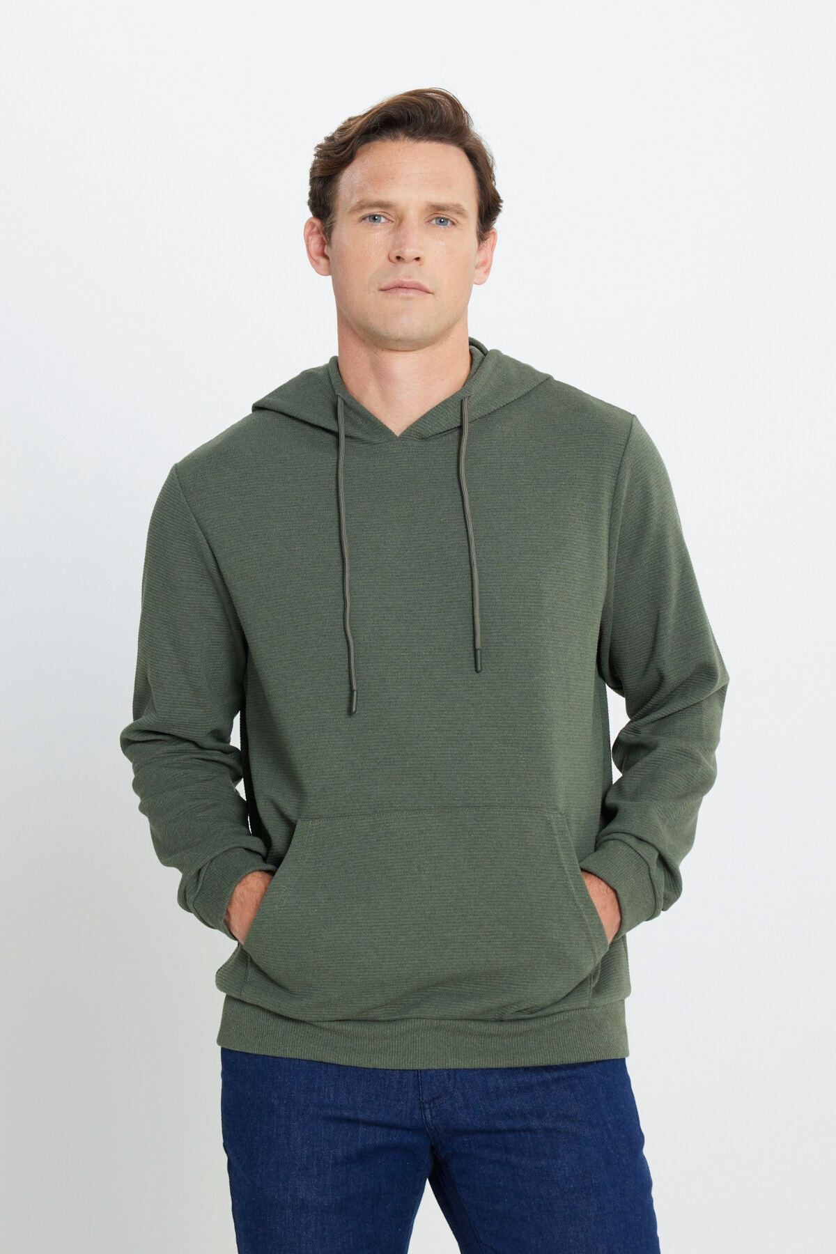 Men's Khaki 2 Yarn Hot Standard Fit Normal Normal Cut Hooded Ottoman patterned Sweatshirt