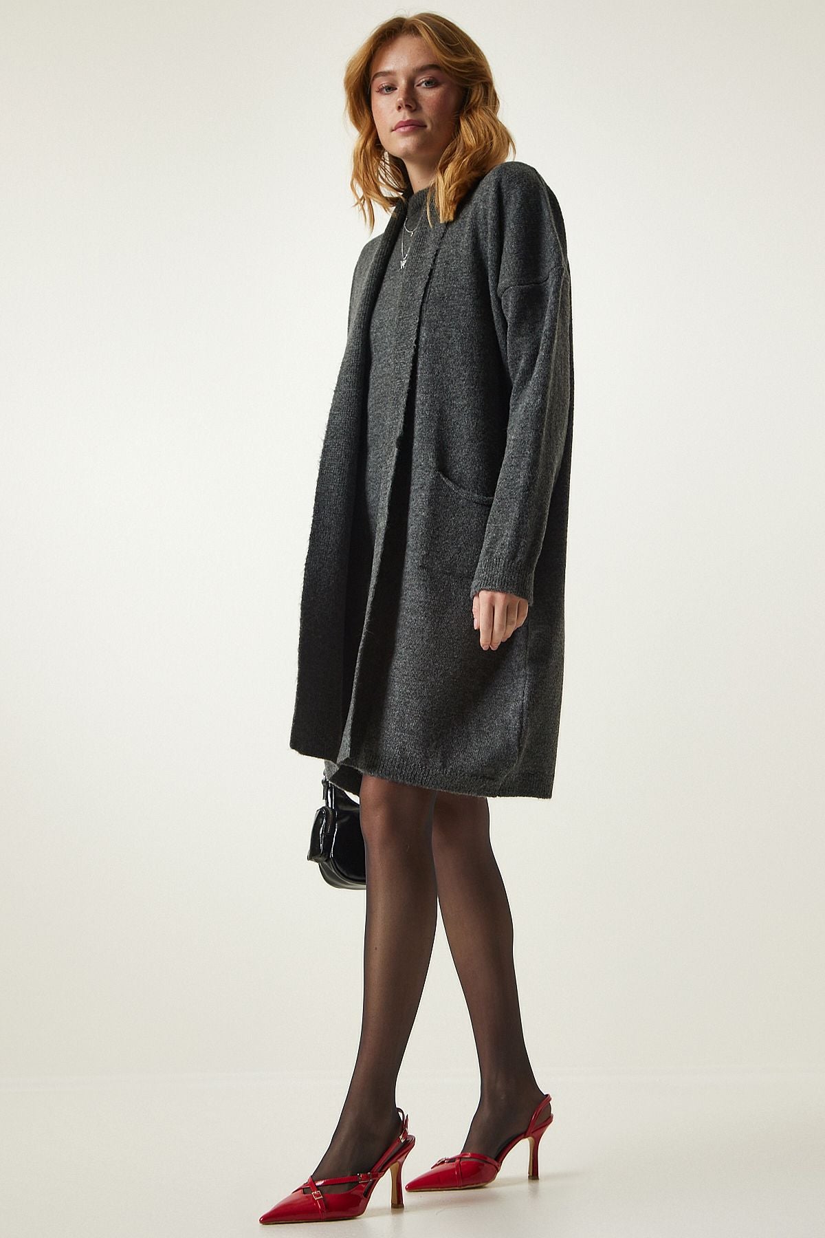 Woman Dark Gray Pocket knitwear dress cardigan team yy00194