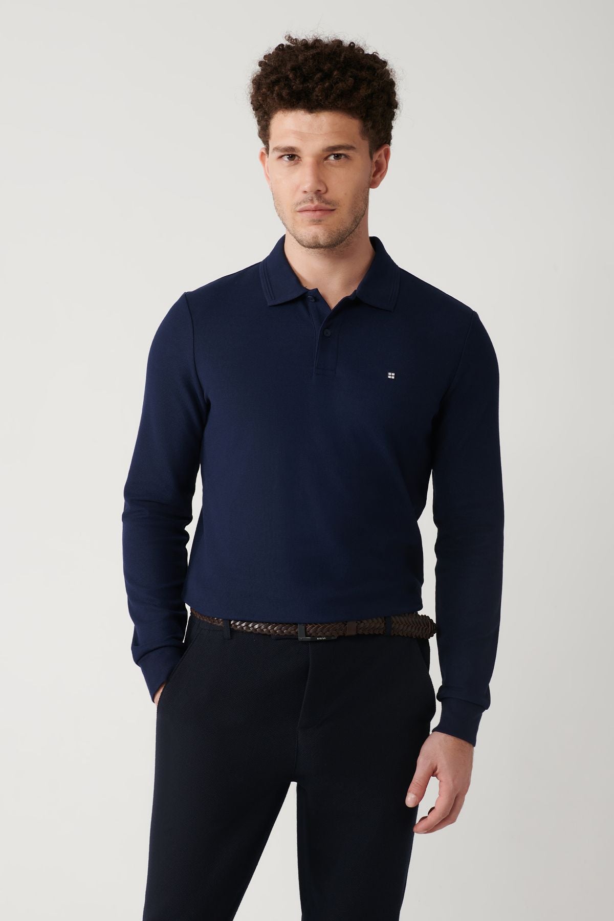 Men's navy blue 2 button cotton Polo Yaka Sweatshirt B001080