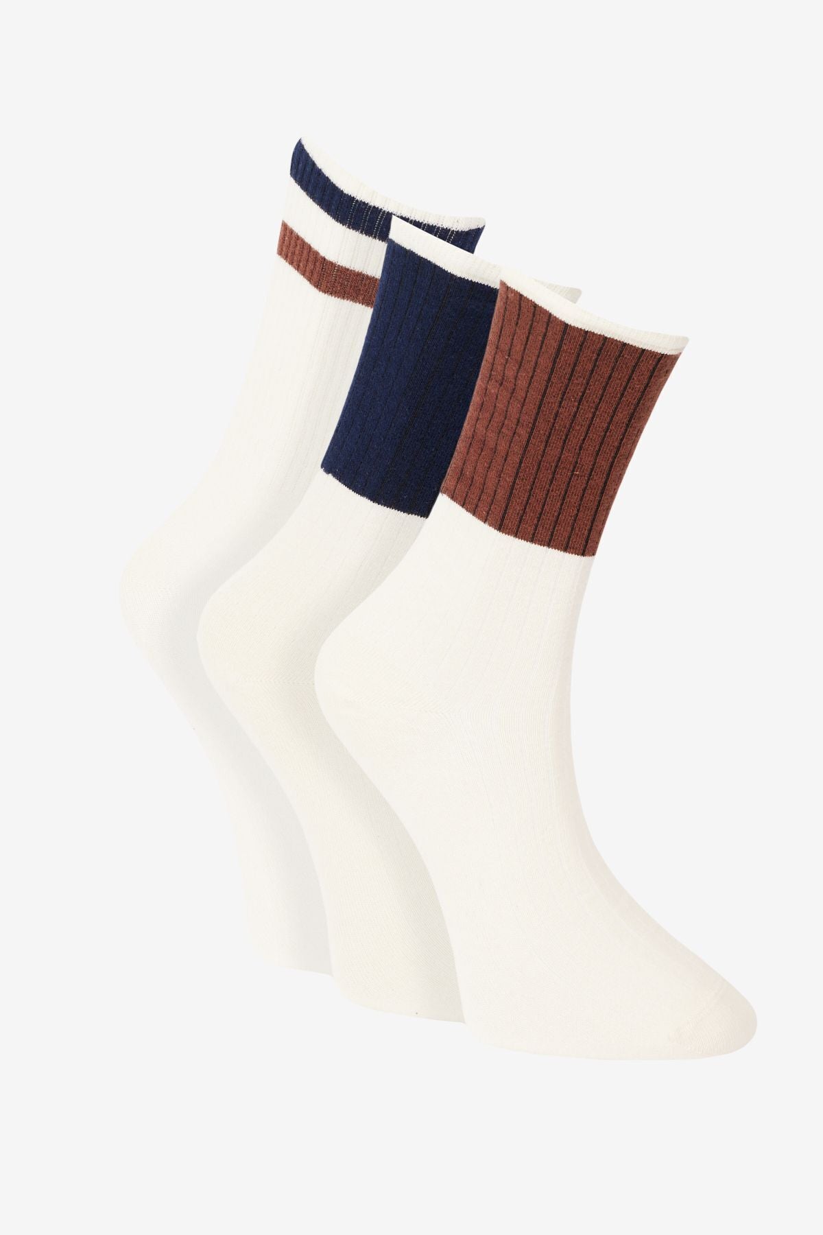 Men's Ecru-Navy Blue Patterned Cotton 3-Socket Socks