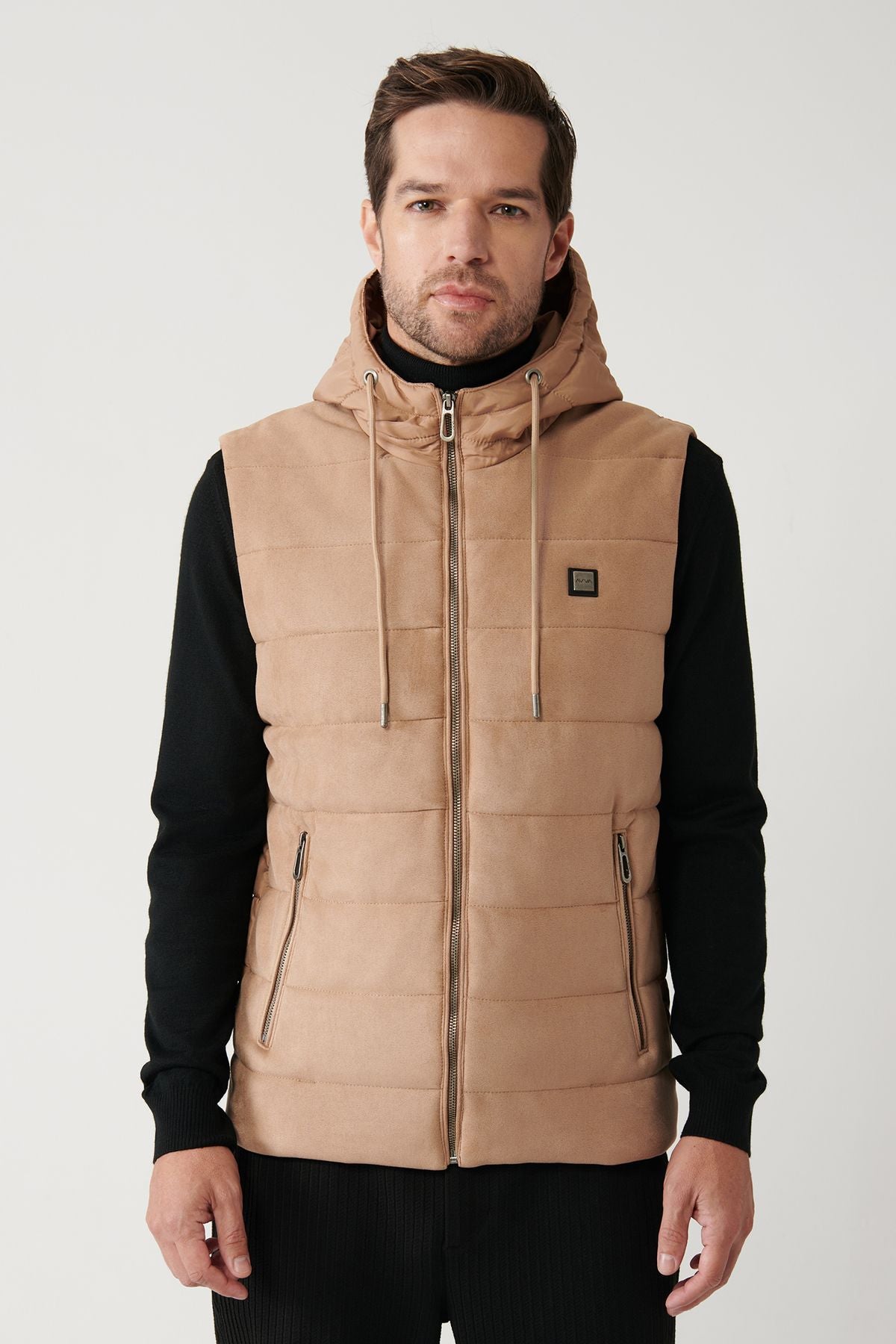 Men's Beige Hooded Fibrous Vest A32Y6511