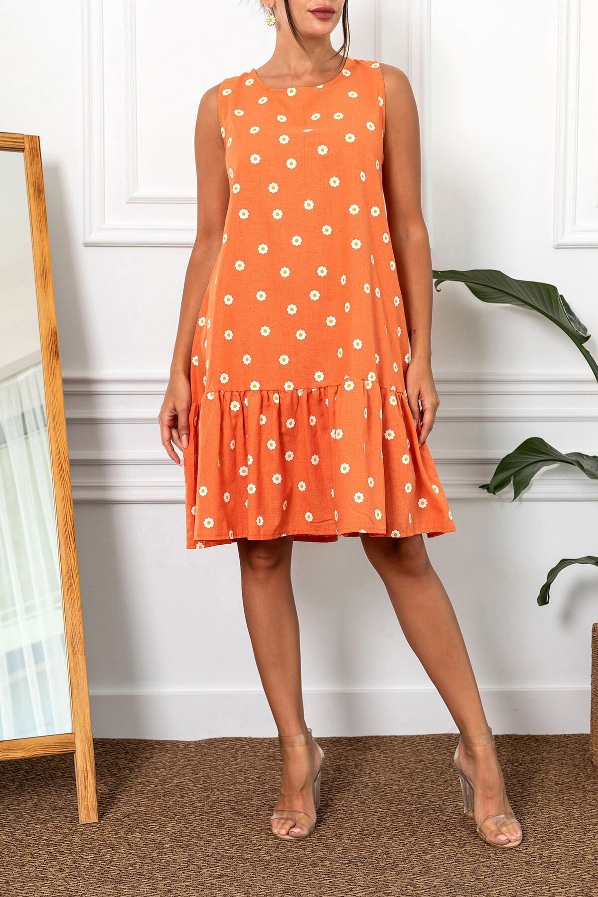 Women's Orange Daisy Pattern Sleeveless skirt frilled dress ARM-22Y001123