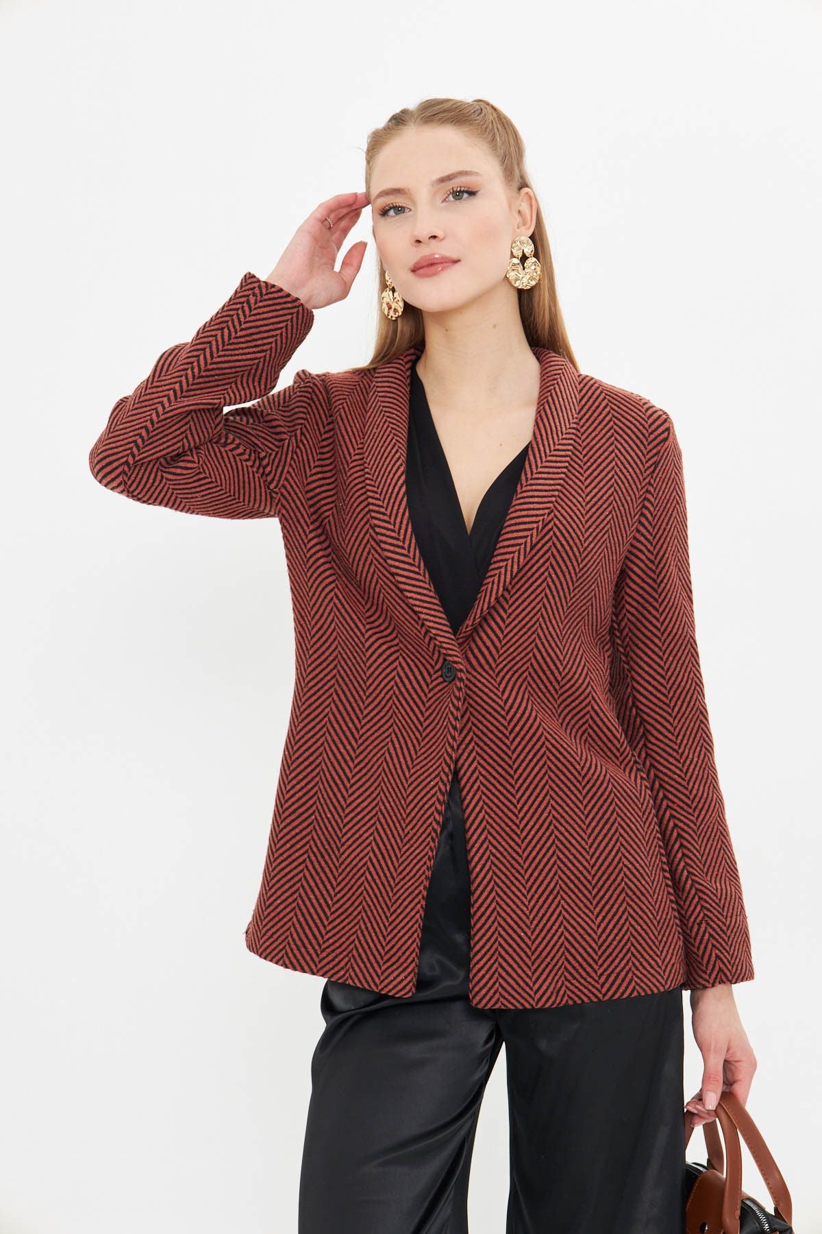 Women's Tile Fish Right Pattern Folding Single button with a buttoned stamp jacket ARM-24K001066