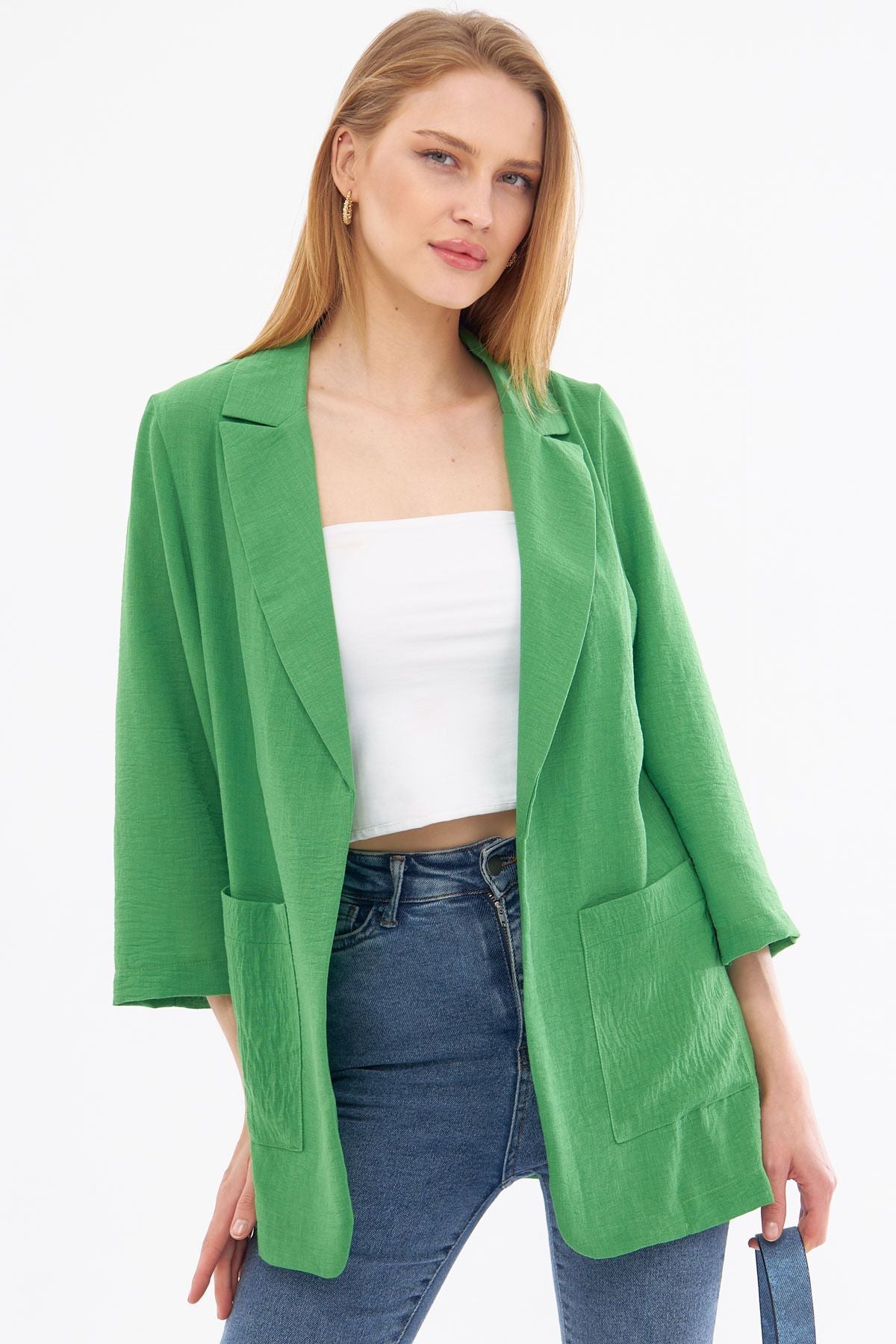 Female green linen-looking pocket overwheeling jacket ARM-24Y001065