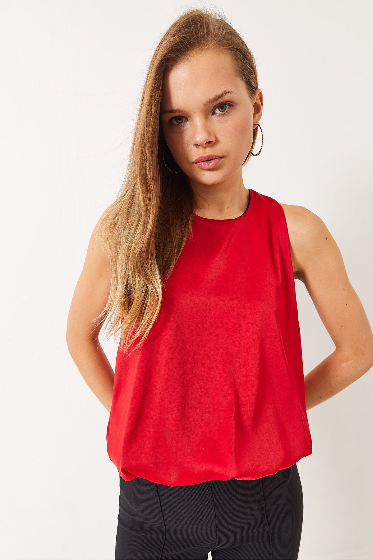 Women's Balloon Satin Blouse with Elastic Hem 60283004