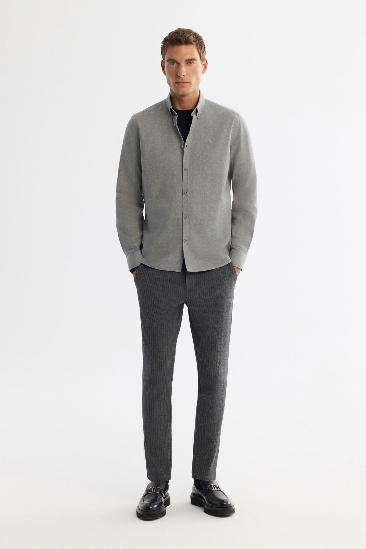 Men's gray button collar 100 %cotton shirt B002033