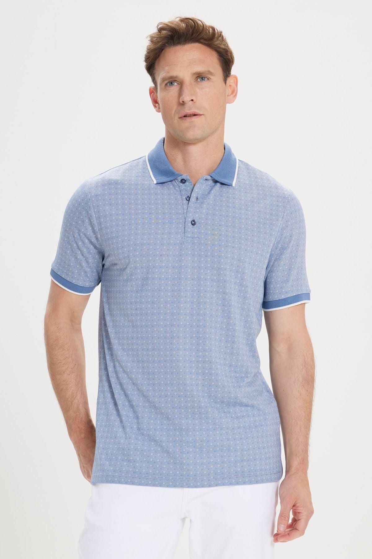 Men's Blue Regular Fit Casual Cut Polo Yaka Jacquard T -shirt