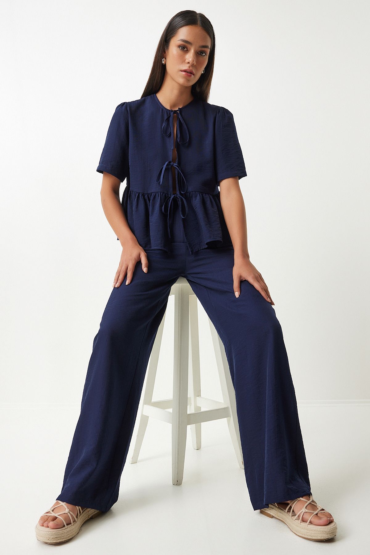 Woman Navy blue bow blouse pants Set UL00035