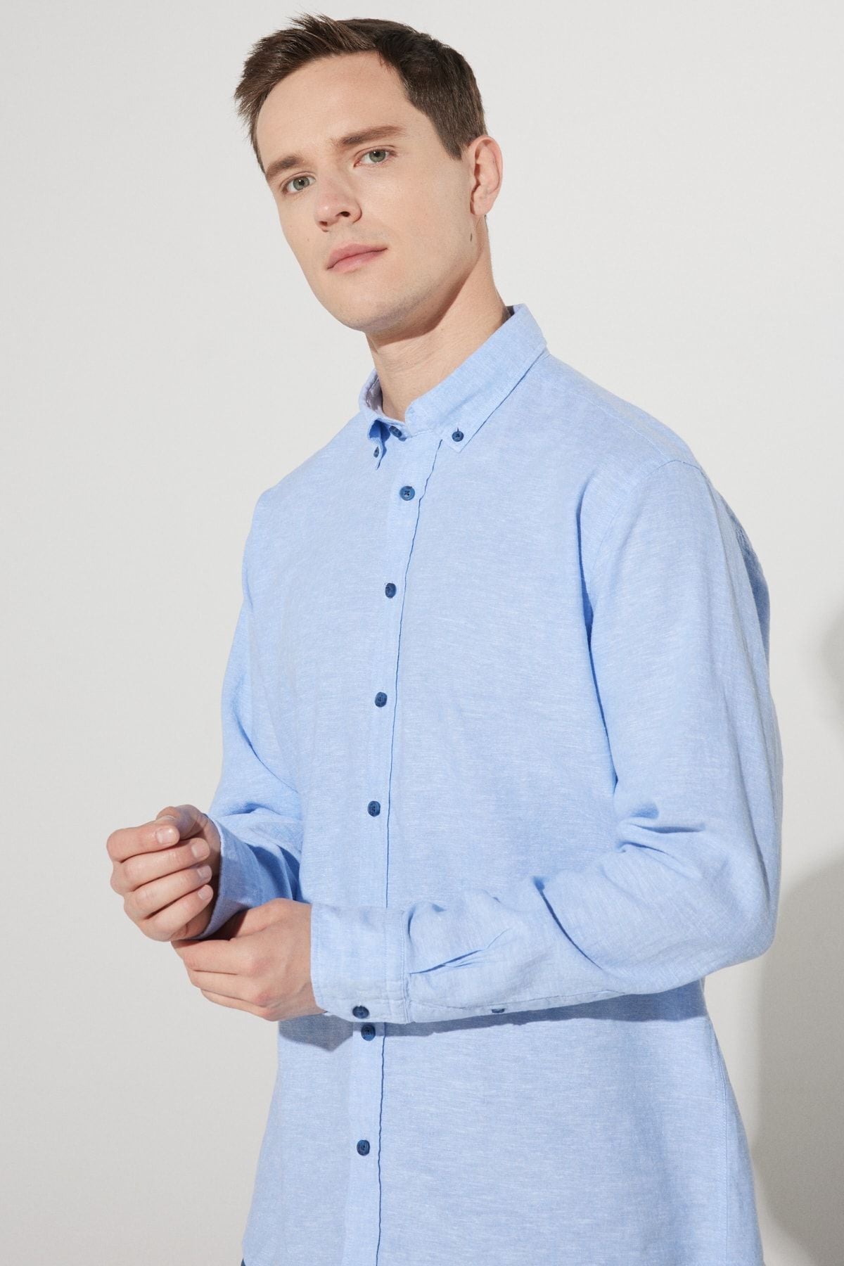 Men's Blue Linen Comfort Fit Casual Cutting buttoned collar shirt