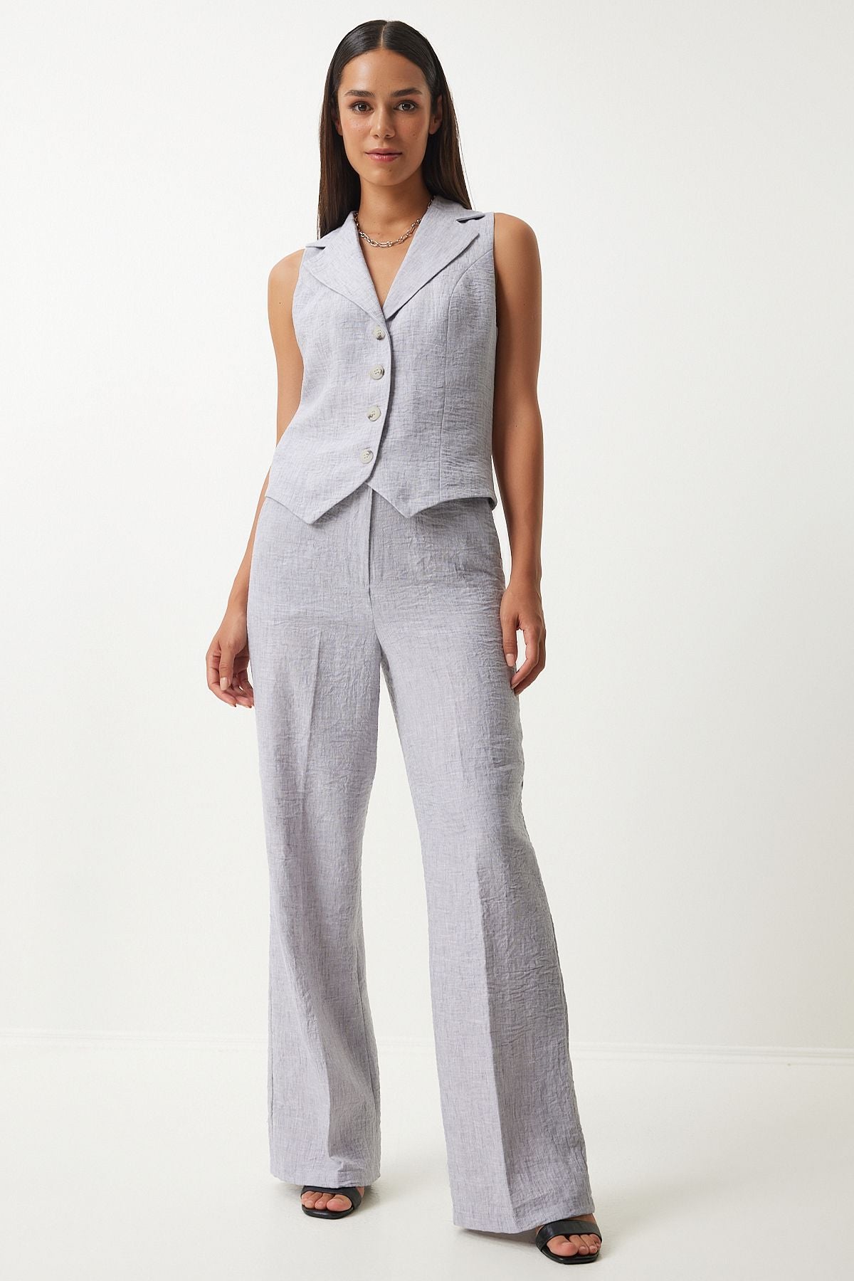 Women's Gray Shawl Yaka Vest Pants Set FN03231
