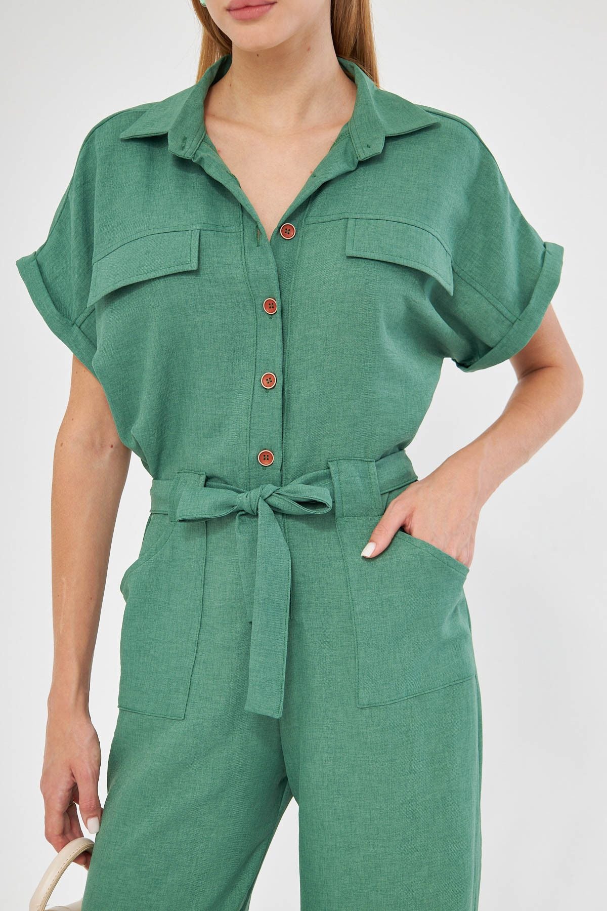 Woman Dark Green Front Buttoned Waist Belled Pocket Bat Arm Palazzo Tulum ARM-24Y001105