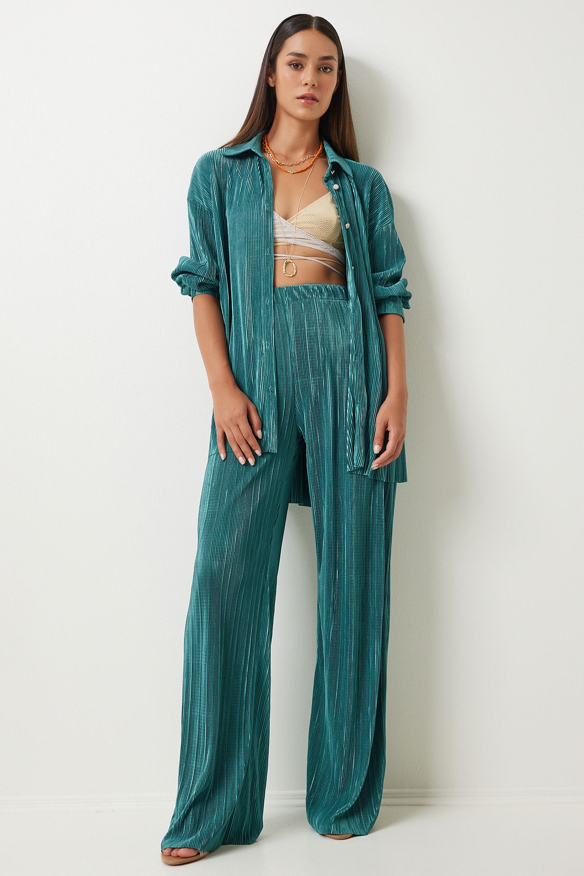 Women's Cagla Green Pilicated Shirt Pants Set FN03221