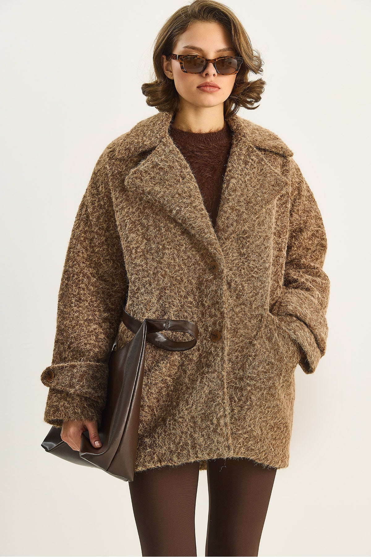 Women's Wide Collar Pocket Detailed Oversize Lined Boucle Cashew Coat 7033 60283735