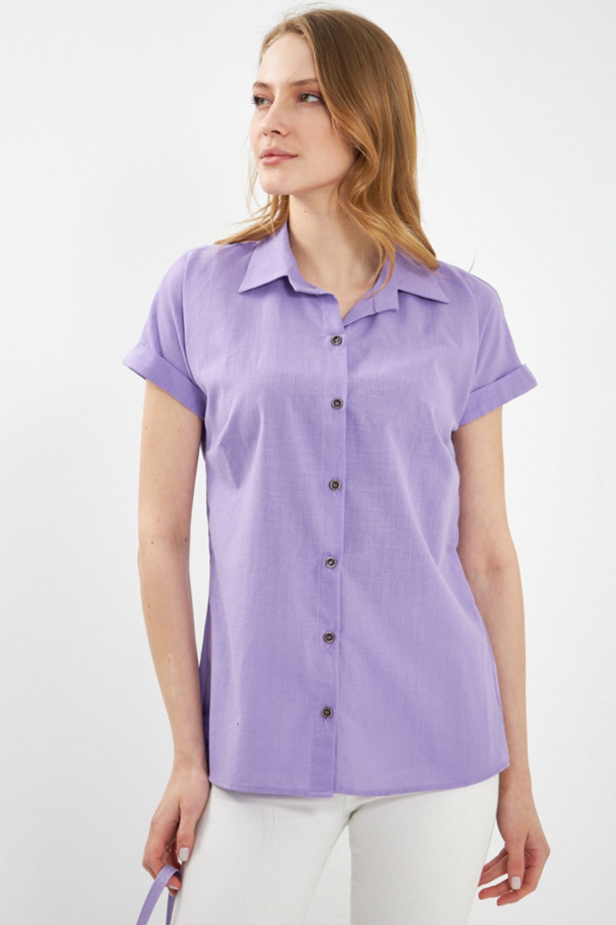 Women's Lilac Short Sleeve Linen Shirt ARM-24Y001038