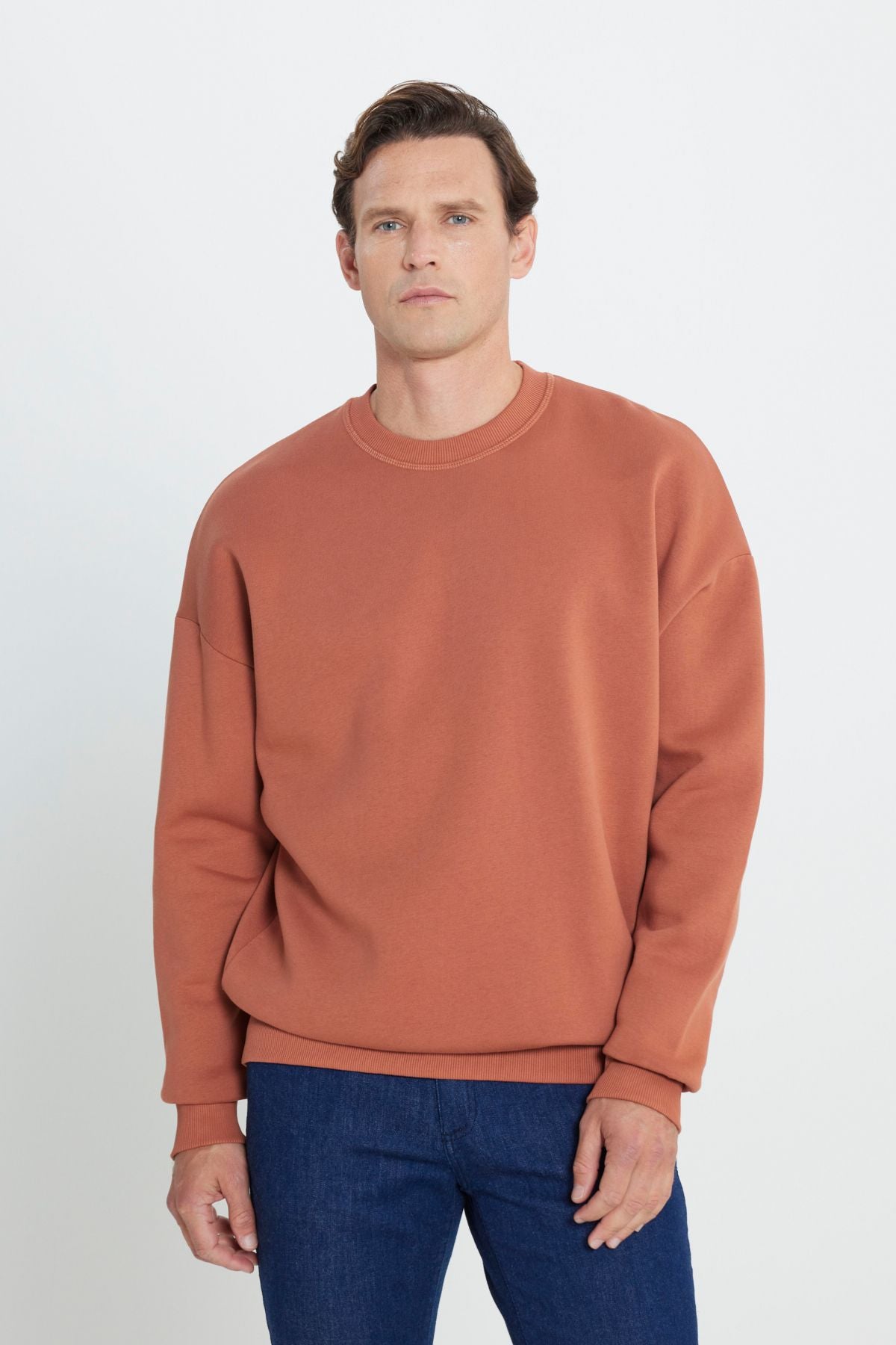 Men's light brown over the fits of the fitted cotton Içi fleece 3 IP bicycle collar sweatshirt