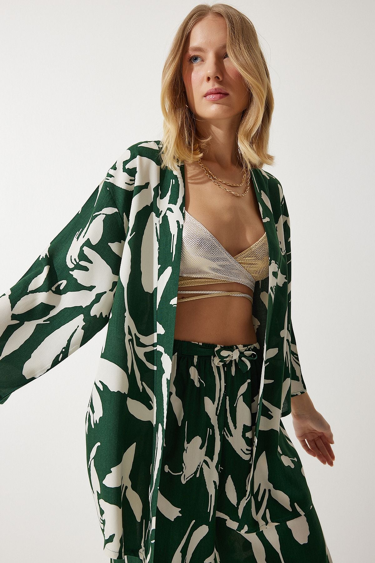 Women's Green Patterned Kimono Palazzo Pants Set EN00614