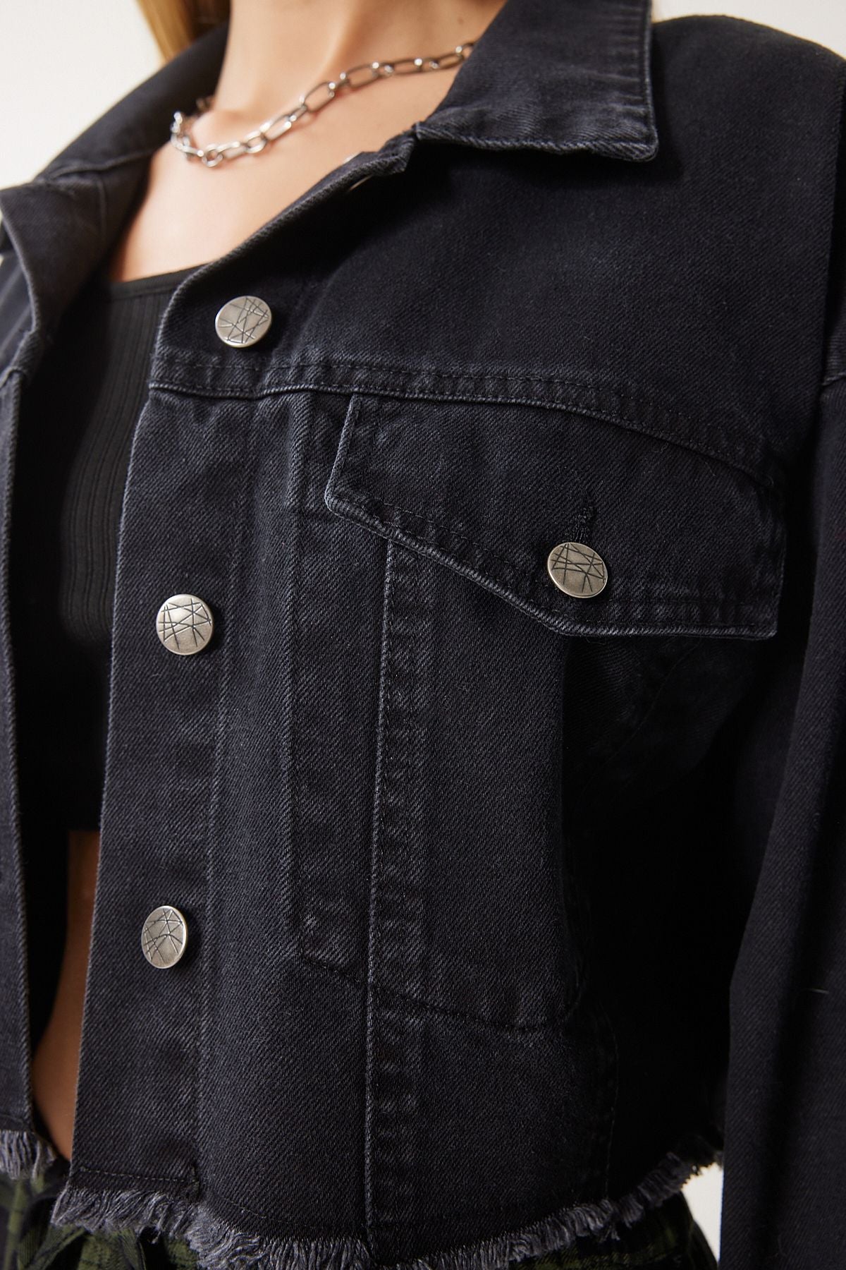 Female black tassel detailed denim crop jacket AN00214