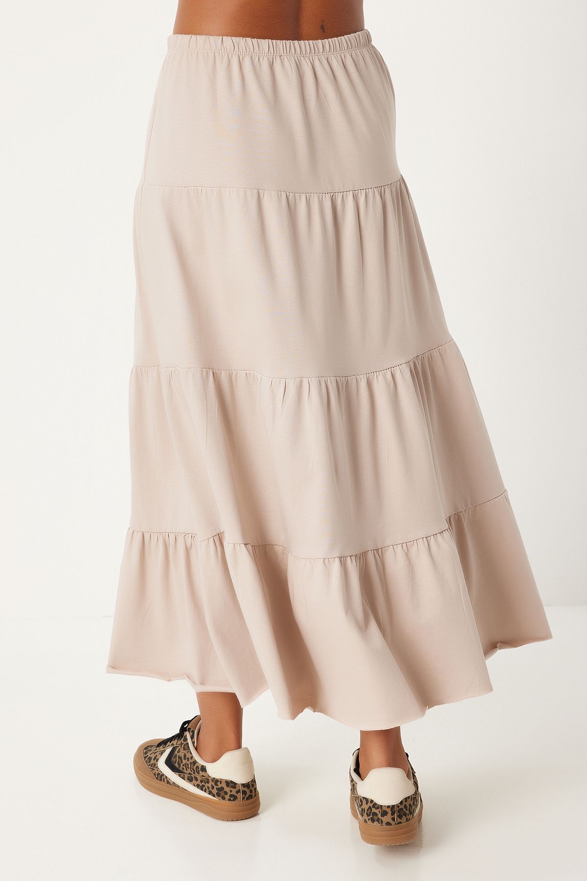 Woman Beige Oversize T-Shirt Volan Knitting Skirt Set UB00291